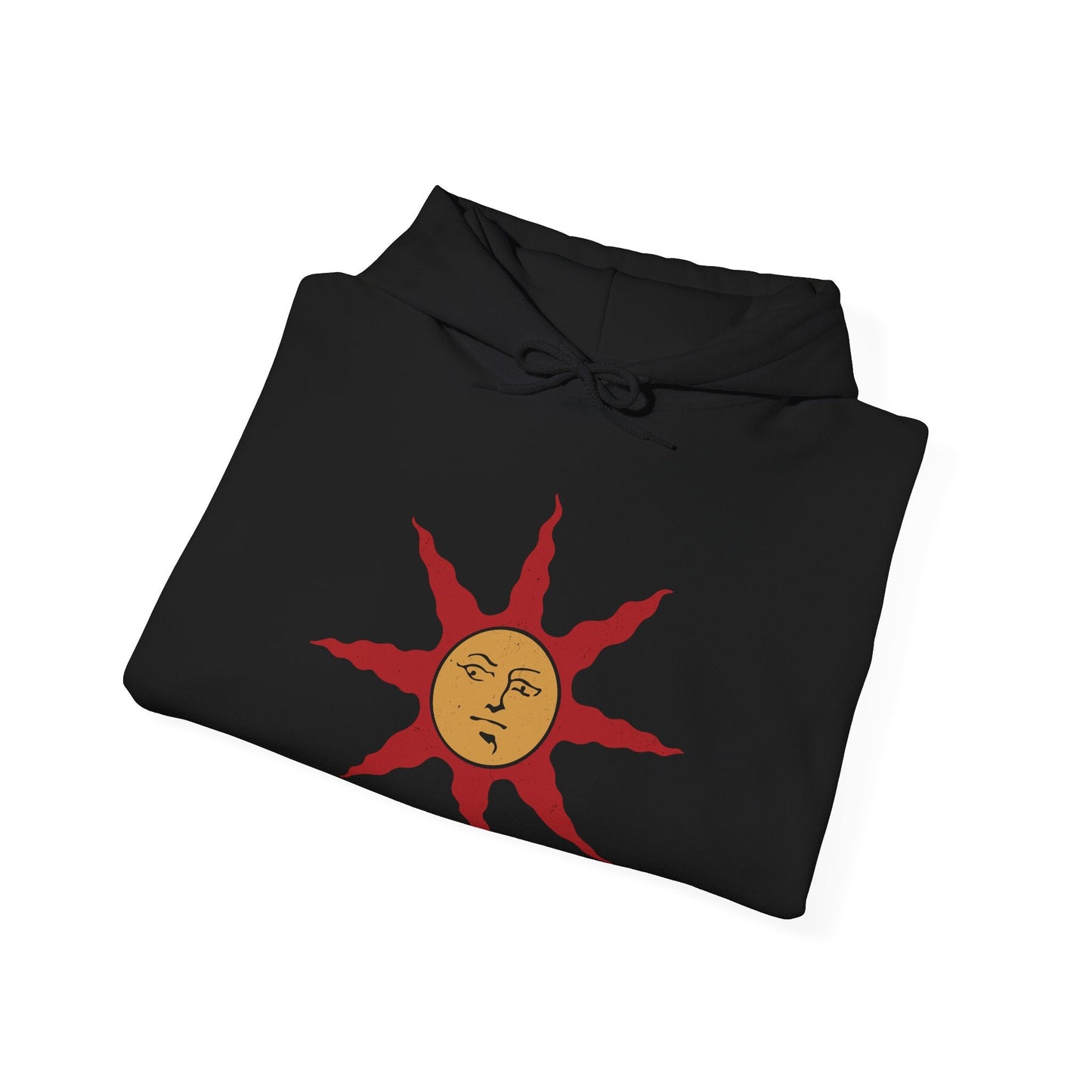 Folded Hooded Sweatshirt showcasing the legendary Solaire of Astora, one of the most beloved characters in Dark Souls. A Warrior of Sunlight and beacon of camaraderie, his glowing sun sigil and knightly armor are instantly recognizable. This artwork pays tribute to his unwavering optimism and the iconic phrase, Praise the Sun!