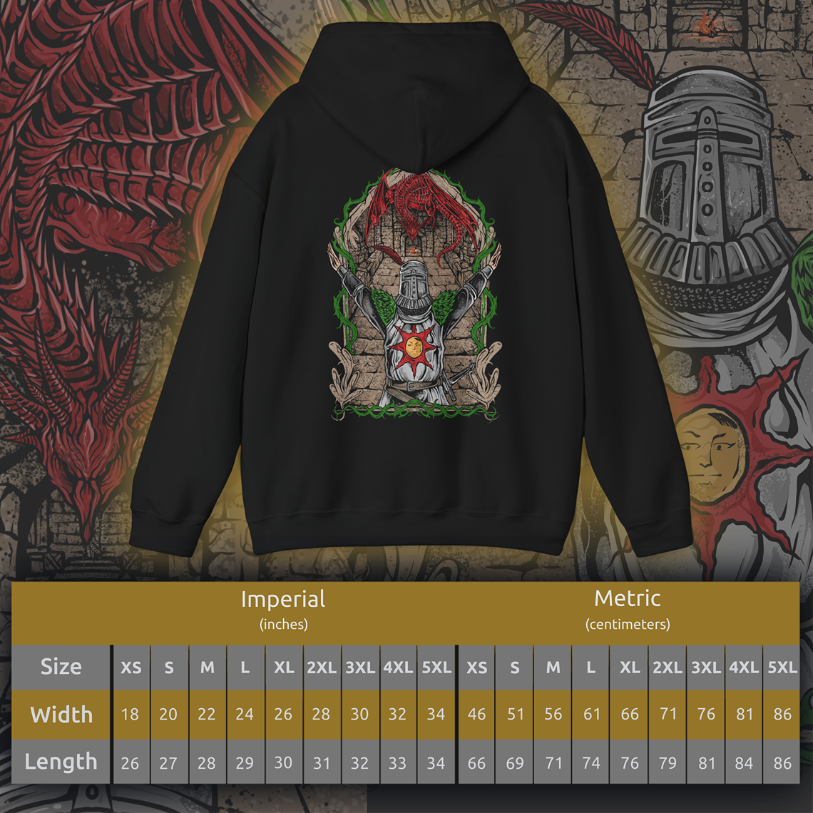 Size chart of a Hooded Sweatshirt showcasing the legendary Solaire of Astora, one of the most beloved characters in Dark Souls. A Warrior of Sunlight and beacon of camaraderie, his glowing sun sigil and knightly armor are instantly recognizable. This artwork pays tribute to his unwavering optimism and the iconic phrase, Praise the Sun!