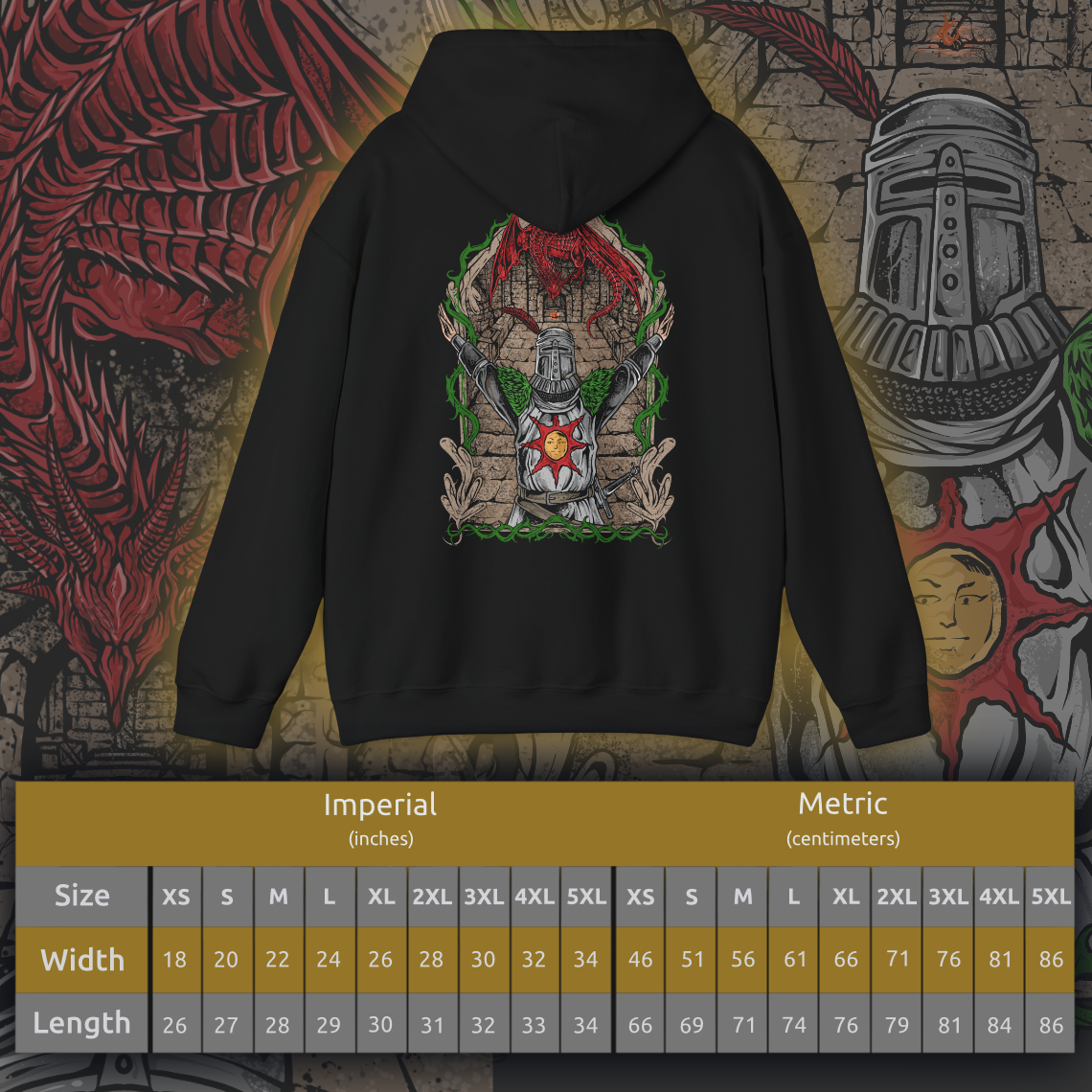Size chart of a Hooded Sweatshirt showcasing the legendary Solaire of Astora, one of the most beloved characters in Dark Souls. A Warrior of Sunlight and beacon of camaraderie, his glowing sun sigil and knightly armor are instantly recognizable. This artwork pays tribute to his unwavering optimism and the iconic phrase, Praise the Sun!