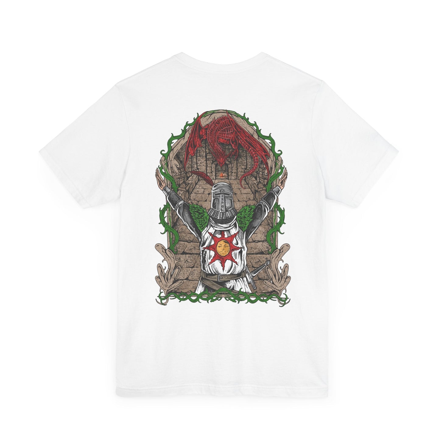 Image 4 of a T-shirt showcasing Solaire of Astora, the sun-praising warrior from Dark Souls who aids the Chosen Undead in battle. Donning his distinct sun-emblazoned tabard and helm, Solaire is a beacon of camaraderie in Lordran’s bleak landscape. This artwork celebrates his unwavering spirit and legendary status among fans.