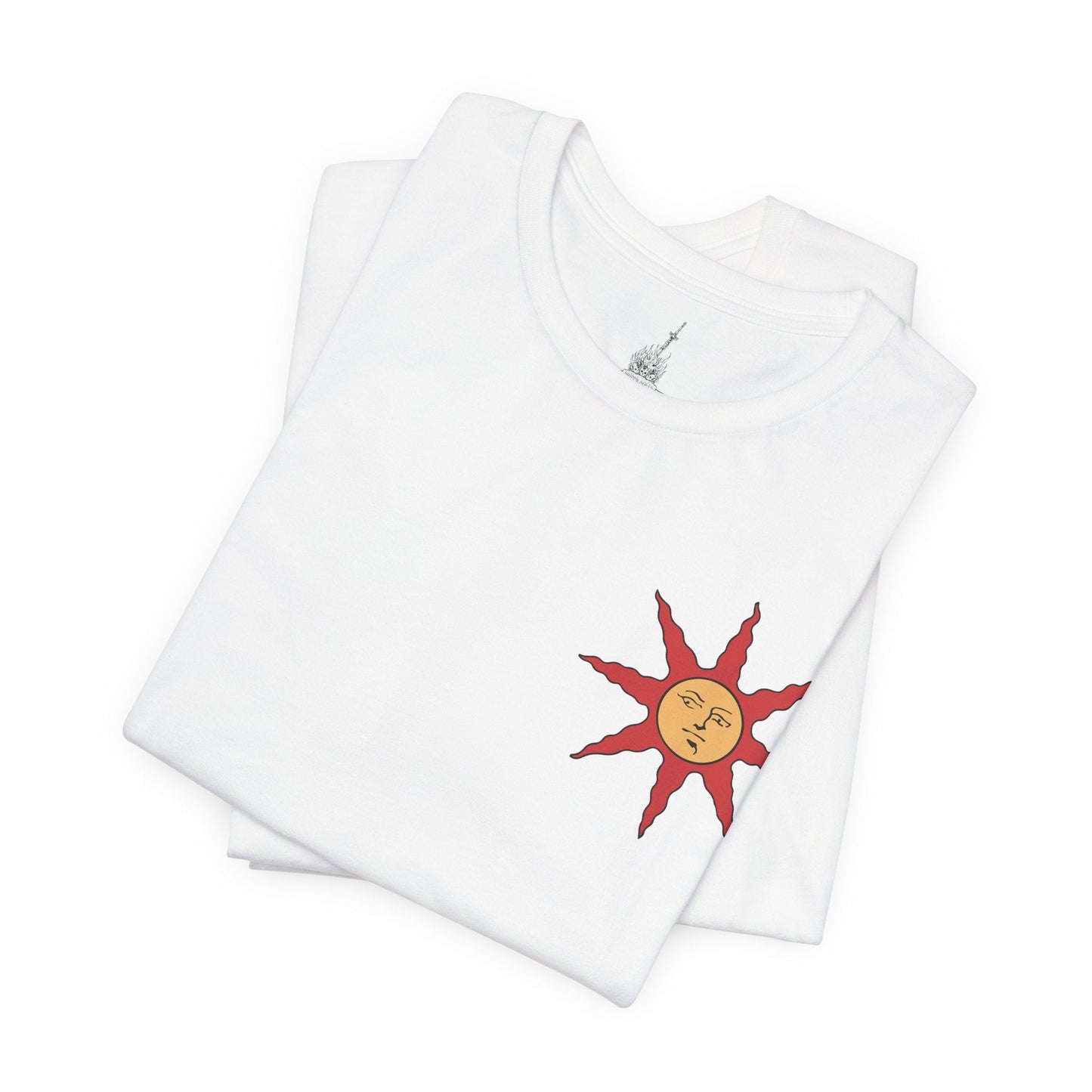 Folded T-shirt showcasing Solaire of Astora, the sun-praising warrior from Dark Souls who aids the Chosen Undead in battle. Donning his distinct sun-emblazoned tabard and helm, Solaire is a beacon of camaraderie in Lordran’s bleak landscape. This artwork celebrates his unwavering spirit and legendary status among fans.