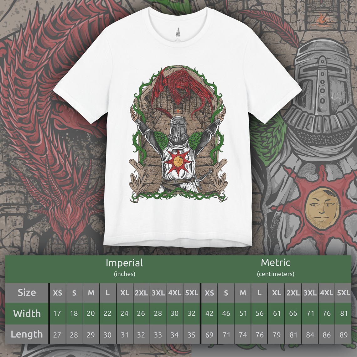 Size chart of a T-shirt showcasing Solaire of Astora, the sun-praising warrior from Dark Souls who aids the Chosen Undead in battle. Donning his distinct sun-emblazoned tabard and helm, Solaire is a beacon of camaraderie in Lordran’s bleak landscape. This artwork celebrates his unwavering spirit and legendary status among fans.