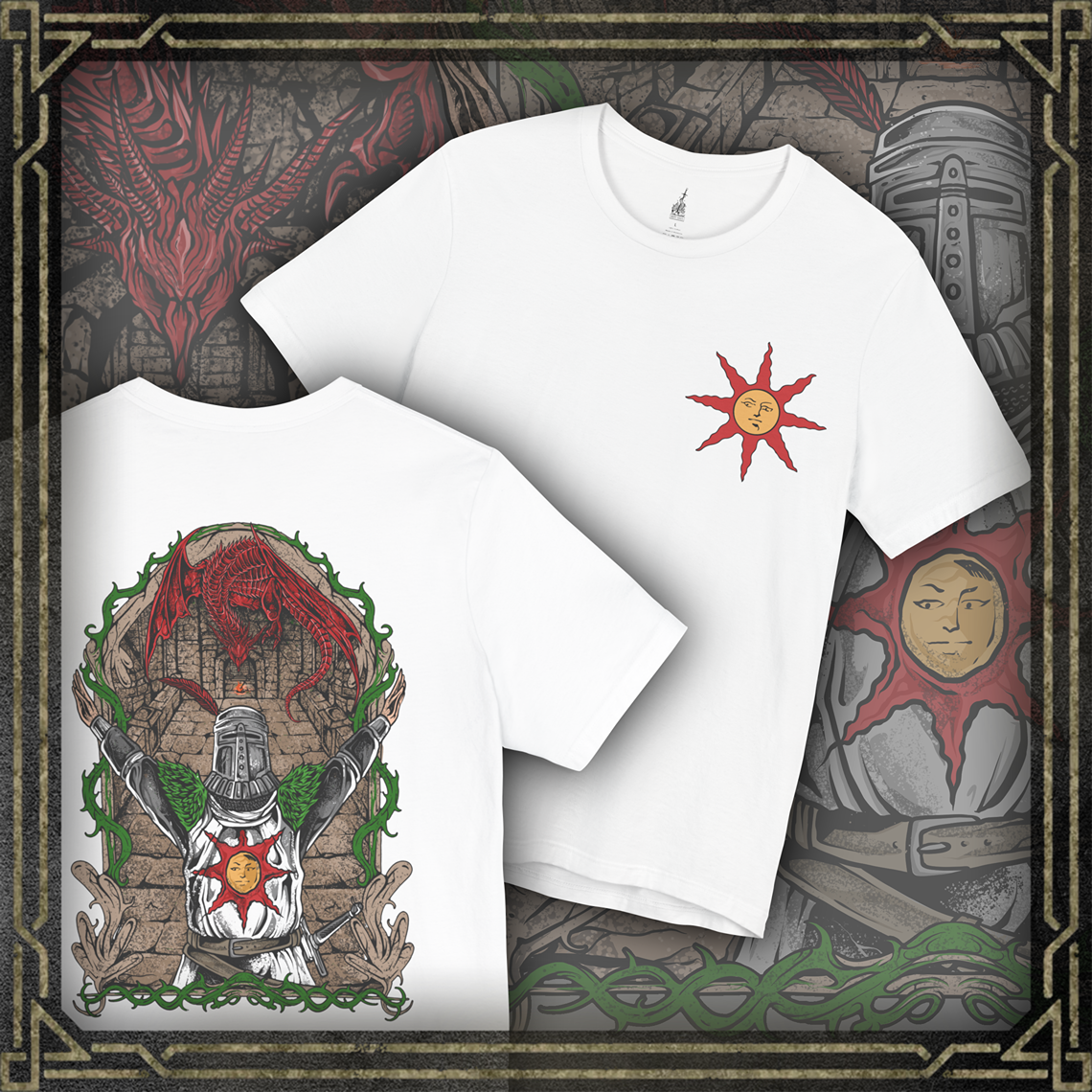 Thumbnail of a T-shirt showcasing Solaire of Astora, the sun-praising warrior from Dark Souls who aids the Chosen Undead in battle. Donning his distinct sun-emblazoned tabard and helm, Solaire is a beacon of camaraderie in Lordran’s bleak landscape. This artwork celebrates his unwavering spirit and legendary status among fans.