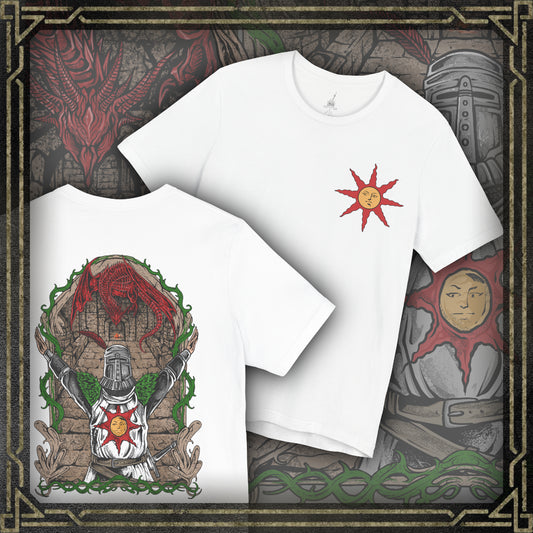 Thumbnail of a T-shirt showcasing Solaire of Astora, the sun-praising warrior from Dark Souls who aids the Chosen Undead in battle. Donning his distinct sun-emblazoned tabard and helm, Solaire is a beacon of camaraderie in Lordran’s bleak landscape. This artwork celebrates his unwavering spirit and legendary status among fans.