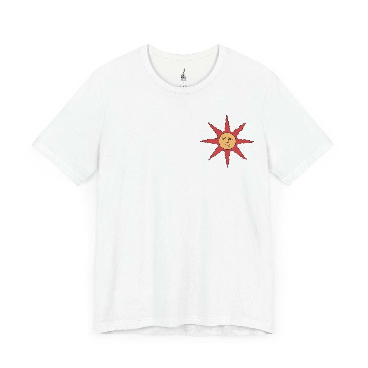 Image 3 of a White T-shirt showcasing Solaire of Astora, the sun-praising warrior from Dark Souls who aids the Chosen Undead in battle. Donning his distinct sun-emblazoned tabard and helm, Solaire is a beacon of camaraderie in Lordran’s bleak landscape. This artwork celebrates his unwavering spirit and legendary status among fans.