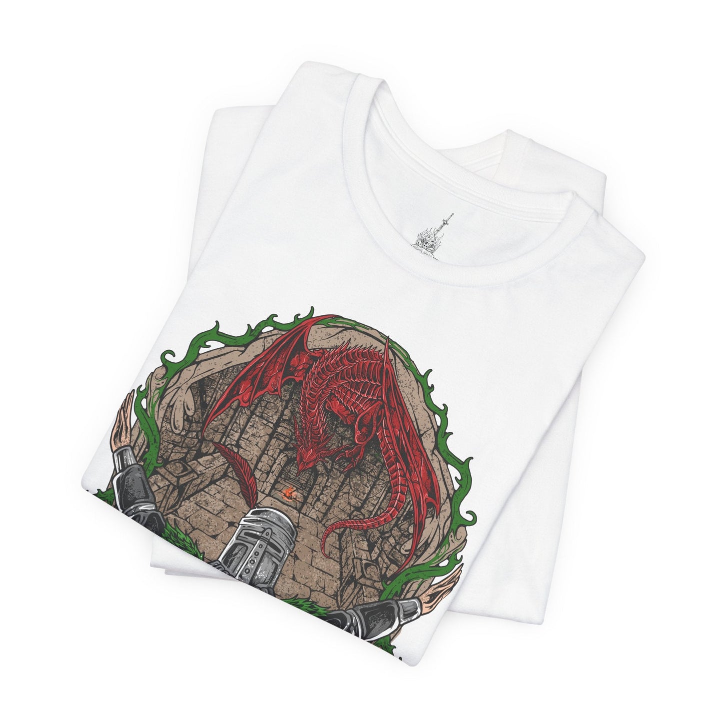 Folded T-shirt featuring Solaire of Astora from Dark Souls, the beloved knight in shining armor who seeks his very own sun. Known for his radiant optimism and the iconic phrase “Praise the Sun,” Solaire stands as a symbol of jolly cooperation in a world of darkness. This design captures his signature pose, embodying hope, loyalty, and light.