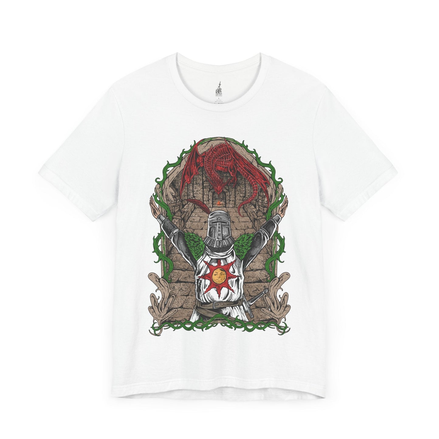 Image 3 of a White T-shirt featuring Solaire of Astora from Dark Souls, the beloved knight in shining armor who seeks his very own sun. Known for his radiant optimism and the iconic phrase “Praise the Sun,” Solaire stands as a symbol of jolly cooperation in a world of darkness. This design captures his signature pose, embodying hope, loyalty, and light.