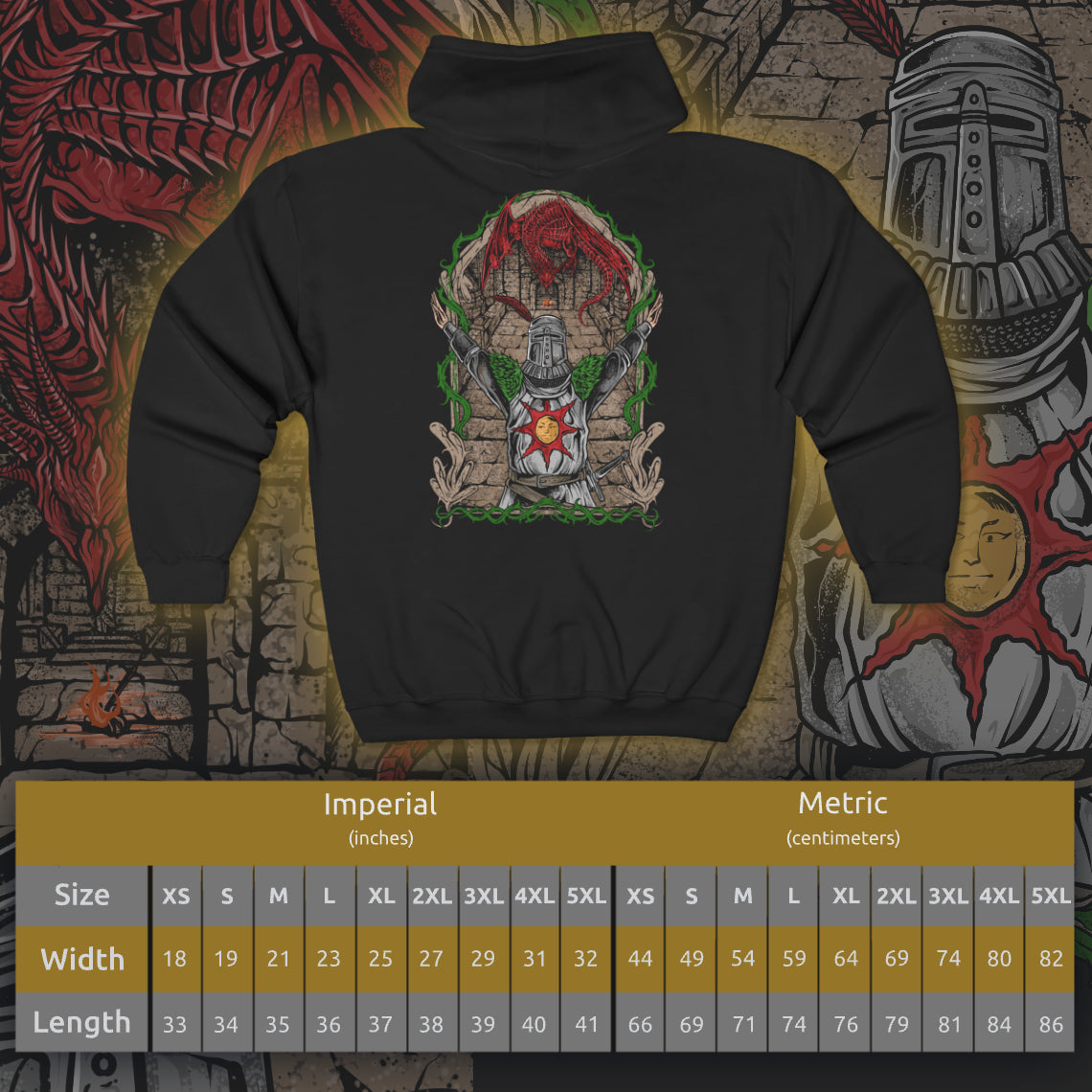 Size chart of a Zip-up Hooded Sweatshirt featuring Solaire of Astora from Dark Souls, the noble Warrior of Sunlight who seeks his own sun in a world consumed by darkness. With radiant faith and unyielding optimism, Solaire stands as a symbol of hope amid despair. This design captures his iconic praise-the-sun pose, celebrating camaraderie, perseverance, and the light within every Undead.