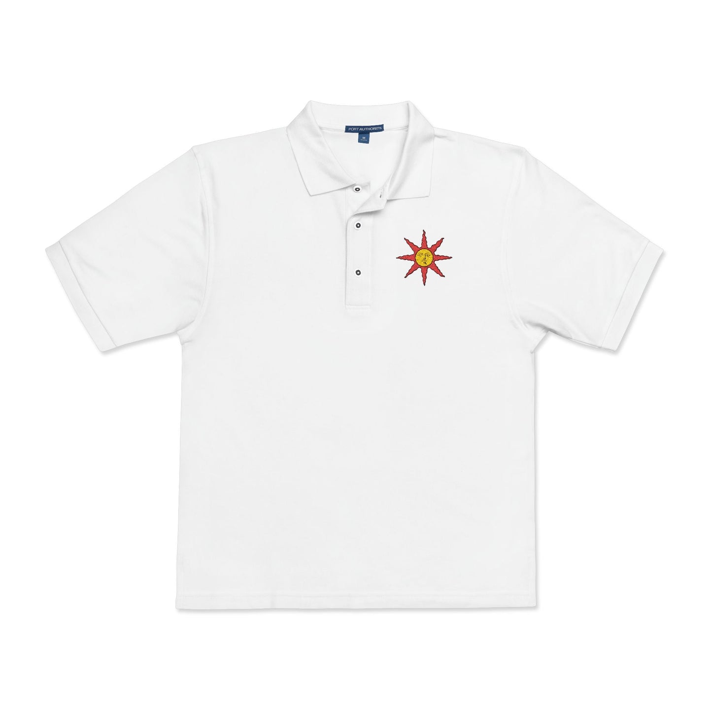 Folded Embroidered T-shirt featuring the Warrior of Sunlight sigil from Dark Souls, the radiant emblem worn by followers of Solaire and the covenant of jolly cooperation. This golden sun with a smiling face represents hope, camaraderie, and the noble pursuit of one’s own sun. The design channels the iconic imagery of praise and perseverance in a world gripped by darkness.