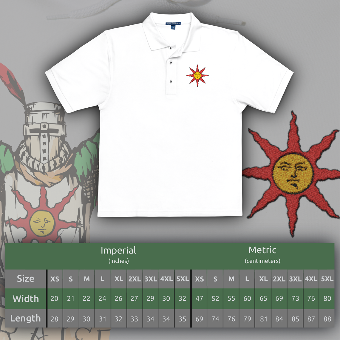 Size chart of a Embroidered T-shirt featuring the Warrior of Sunlight sigil from Dark Souls, the radiant emblem worn by followers of Solaire and the covenant of jolly cooperation. This golden sun with a smiling face represents hope, camaraderie, and the noble pursuit of one’s own sun. The design channels the iconic imagery of praise and perseverance in a world gripped by darkness.