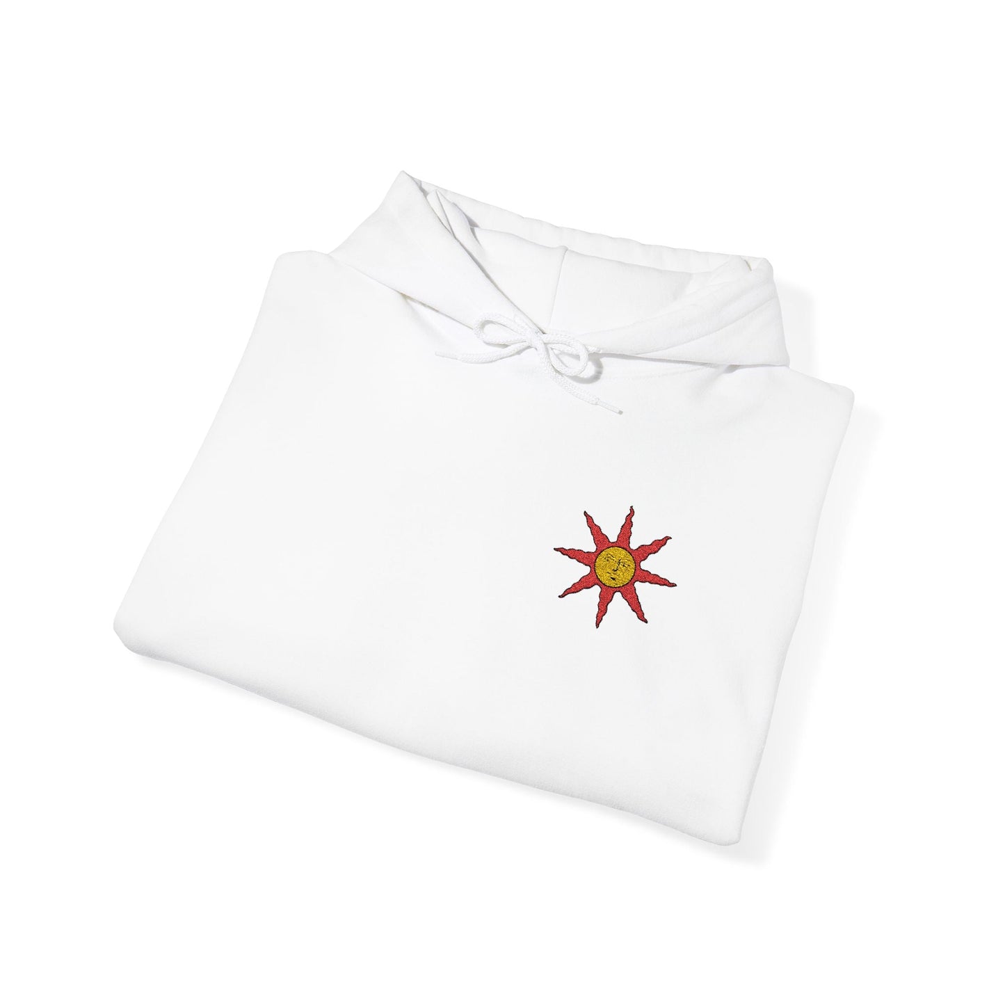 Folded Embroidered white hooded sweatshirt featuring the Warrior of Sunlight emblem from Dark Souls, celebrating Solaire’s iconic covenant with a sleek and stylish design, perfect for fans who praise the sun and seek comfort in their gaming apparel.