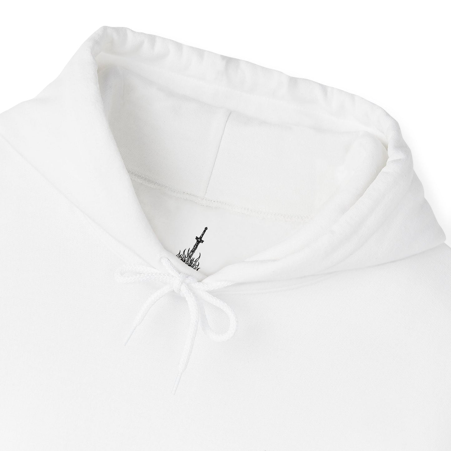 Folded Embroidered white hooded sweatshirt featuring the Warrior of Sunlight emblem from Dark Souls, celebrating Solaire’s iconic covenant with a sleek and stylish design, perfect for fans who praise the sun and seek comfort in their gaming apparel.