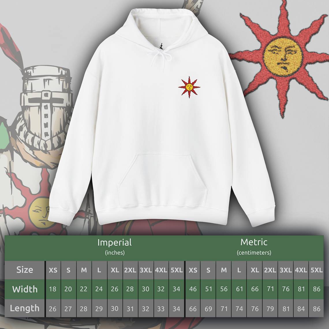 Size chart of a Embroidered white hooded sweatshirt featuring the Warrior of Sunlight emblem from Dark Souls, celebrating Solaire’s iconic covenant with a sleek and stylish design, perfect for fans who praise the sun and seek comfort in their gaming apparel.