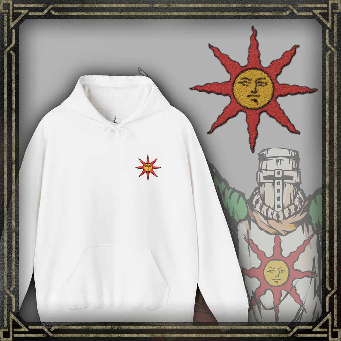 Thumbnail of a Embroidered white hooded sweatshirt featuring the Warrior of Sunlight emblem from Dark Souls, celebrating Solaire’s iconic covenant with a sleek and stylish design, perfect for fans who praise the sun and seek comfort in their gaming apparel.