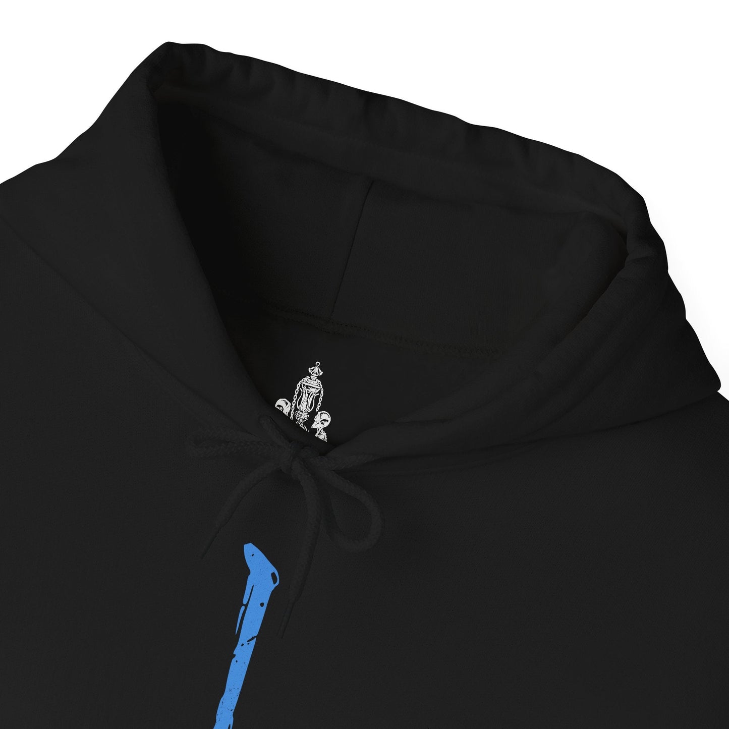 Folded Hooded Sweatshirt featuring Darkbeast Paarl from Bloodborne, designed with a grim and electrifying aesthetic. The artwork captures Paarl’s skeletal, beastly form crackling with blue lightning, set against a haunting, dark backdrop that emphasizes its wild, chaotic energy. Perfect for fans who revel in the nightmarish horrors of Yharnam and the frenzied battles against the terrors lurking within the shadows.