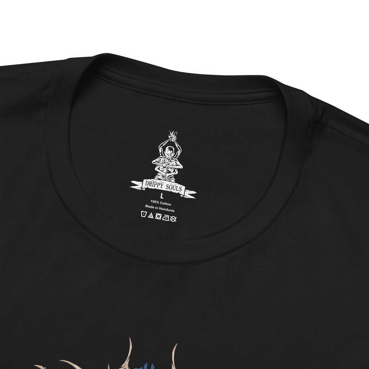 Folded T-shirt design of the Demon of Hatred from Sekiro: Shadows Die Twice, towering in flames while the broken form of the Sculptor lingers in memory behind him. Firestorms rage around his burning body, revealing the tragic transformation of a once-kind shinobi consumed by rage and war. The design captures the cost of violence, the curse of hatred, and the monstrous fate awaiting those who cannot let go.