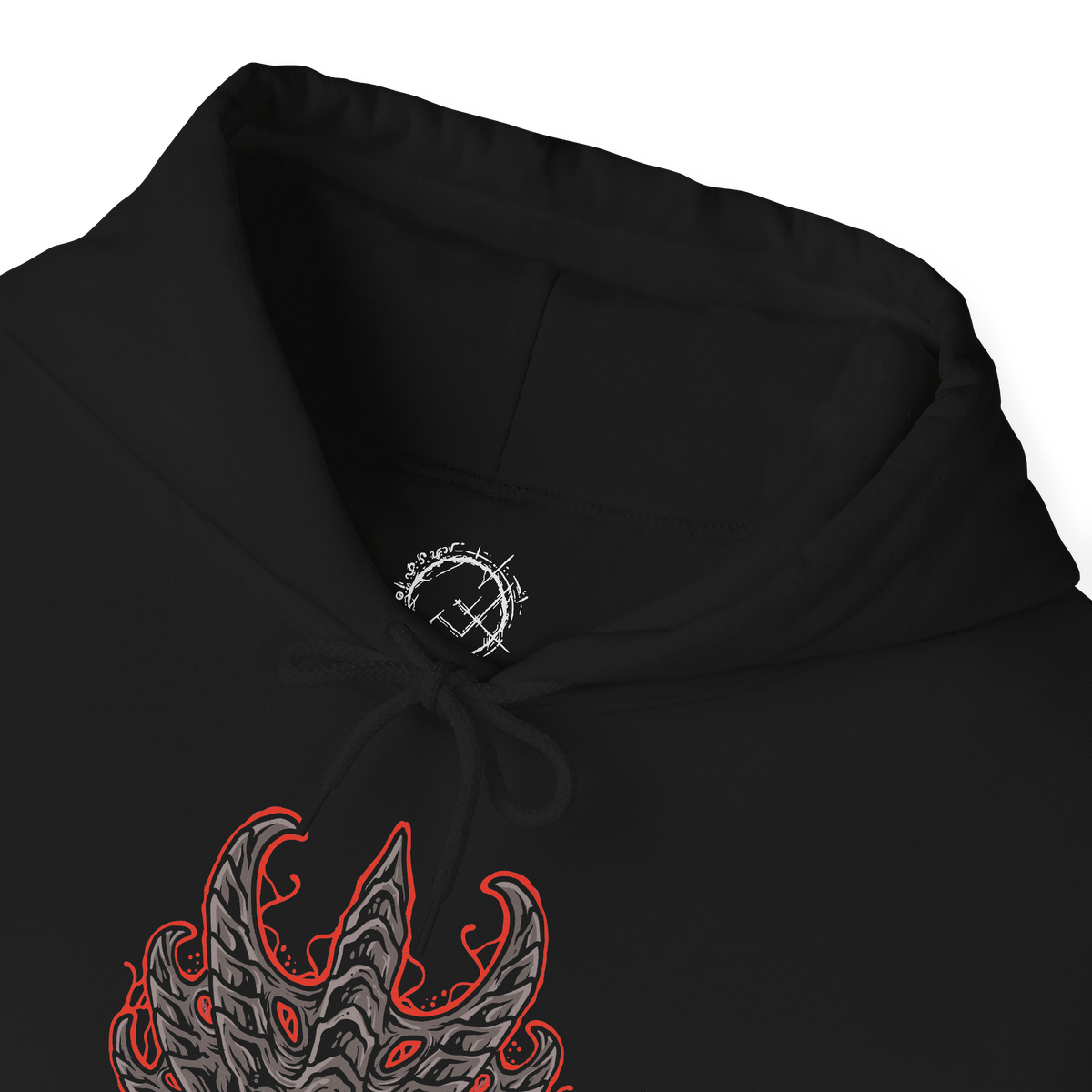 Folded Demon's Souls hooded sweatshirt featuring the Dragon God, the gigantic Archdemon from the Underground Temple, showcasing its monstrous dragon-like appearance, blazing eyes, and overwhelming power in dark fantasy artwork.