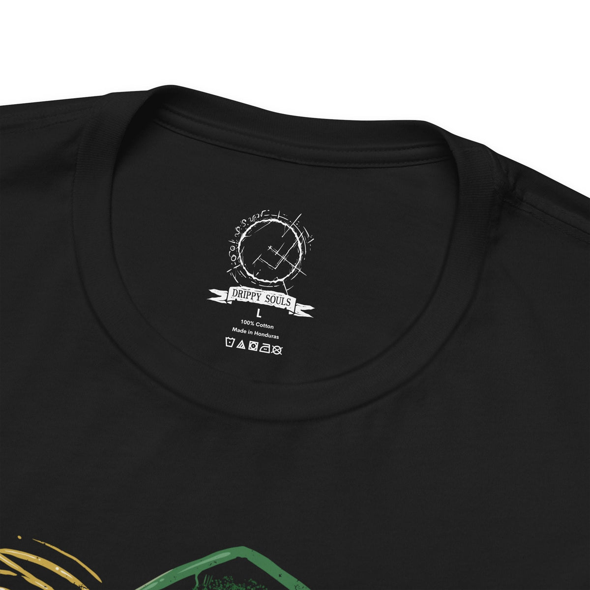 Folded Demon's Souls T-shirt featuring the Maiden in Black and a nameless knight in the mysterious Nexus, with dark fantasy imagery inspired by Boletaria, ancient stone architecture, and the haunting atmosphere of FromSoftware's original Souls game.