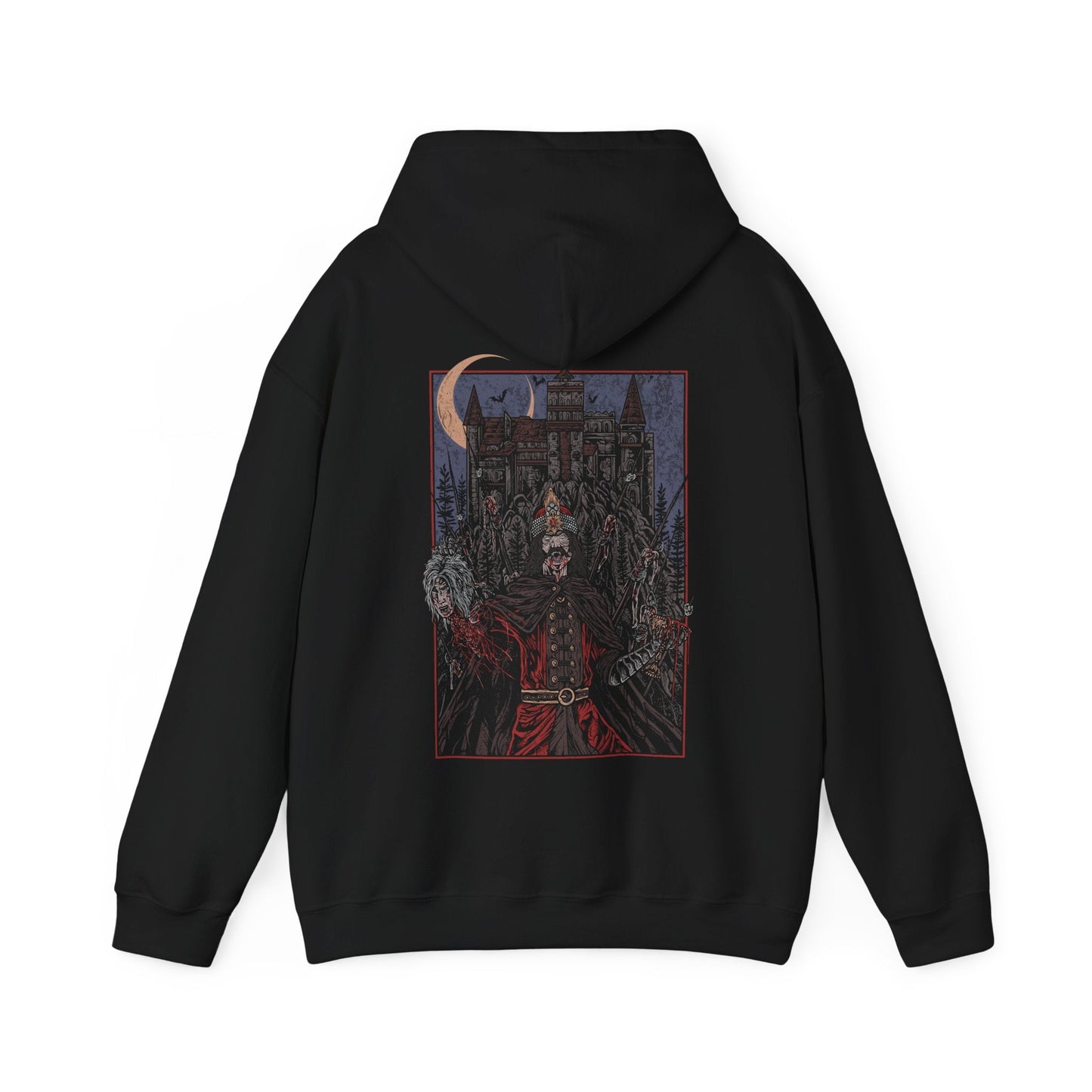 Image 4 of a Vlad the Impaler Hooded Sweatshirt portraying the infamous prince of Wallachia who ruled with an iron fist and unrelenting cruelty. With a spiked battlefield behind him and a crown of iron, Vlad’s legacy is one of terror, justice, and blood. This design honors the grim legend that gave rise to centuries of vampire lore.