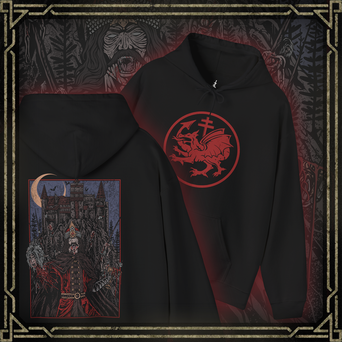 Thumbnail of a Vlad the Impaler Hooded Sweatshirt portraying the infamous prince of Wallachia who ruled with an iron fist and unrelenting cruelty. With a spiked battlefield behind him and a crown of iron, Vlad’s legacy is one of terror, justice, and blood. This design honors the grim legend that gave rise to centuries of vampire lore.