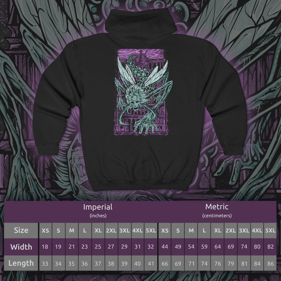 Size chart of a Zip-up Hooded Sweatshirt featuring Astel, Naturalborn of the Void from Elden Ring, a cosmic horror born from the stars. With a body of glimmering chitin and celestial energy, Astel embodies the mysteries and terror of the cosmos. This design captures the being who once destroyed entire civilizations, symbolizing the vast, uncaring power that lies beyond the Erdtree.