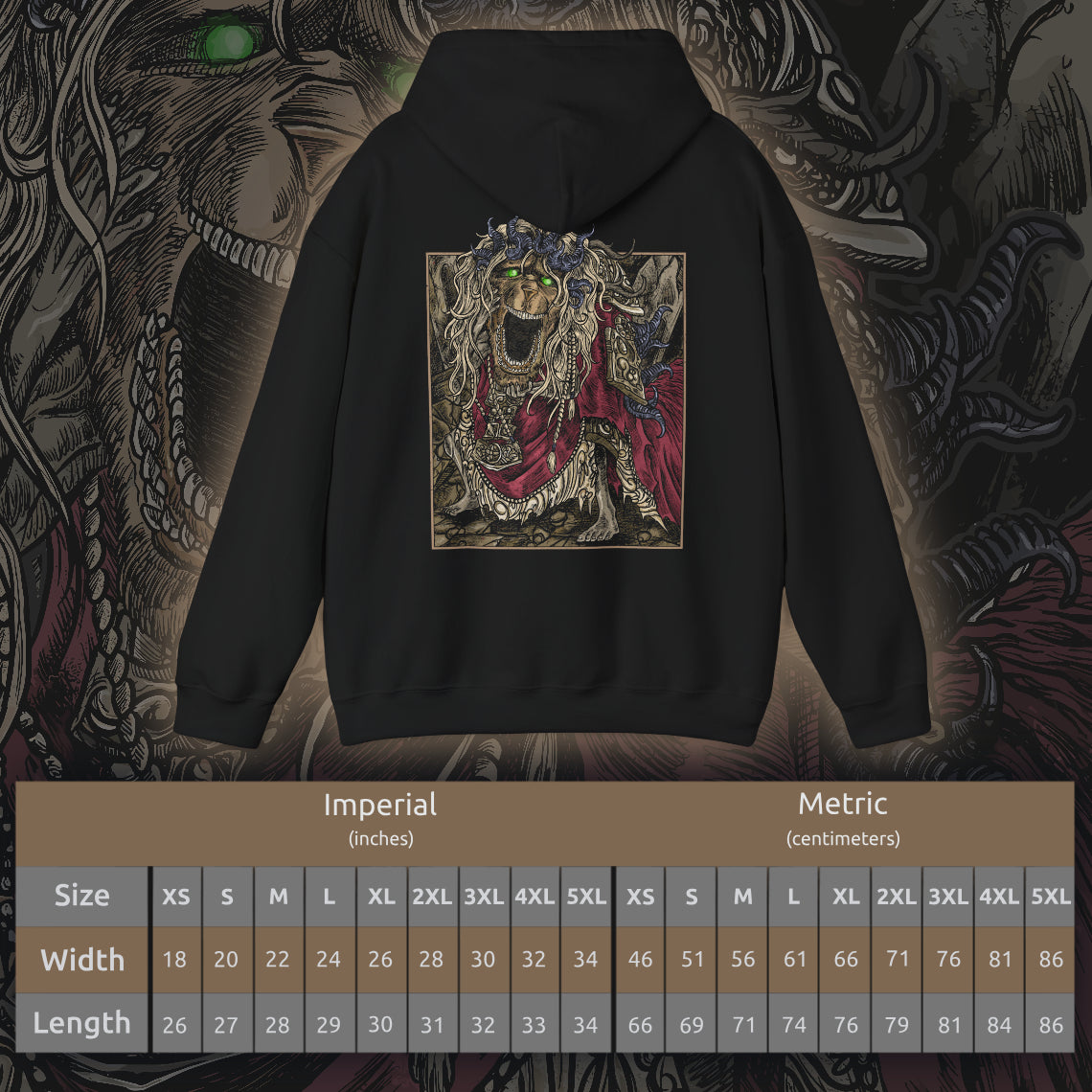 Size chart of a Hooded Sweatshirt featuring the Divine Beast Dancing Lion from Elden Ring Shadow of the Erdtree, blending majestic and powerful imagery, perfect for fans who appreciate mythical creatures and epic battles in the Lands Between.