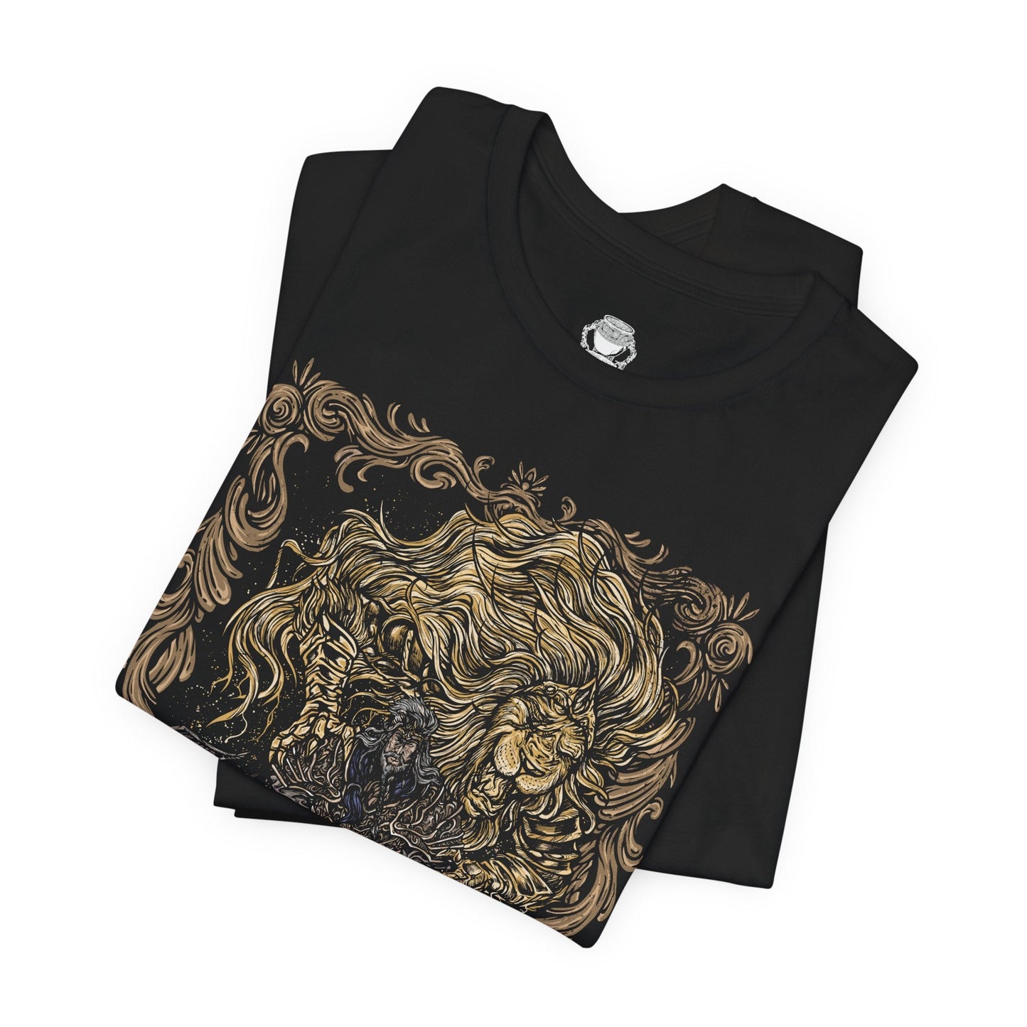 Folded T-shirt featuring Godfrey, the First Elden Lord from Elden Ring, a towering warrior who once led the Golden Lineage and brought order through conquest. Wielding his colossal greataxe and accompanied by the spectral beast Serosh, Godfrey symbolizes strength, discipline, and sacrifice. This design captures his regal yet brutal presence.
