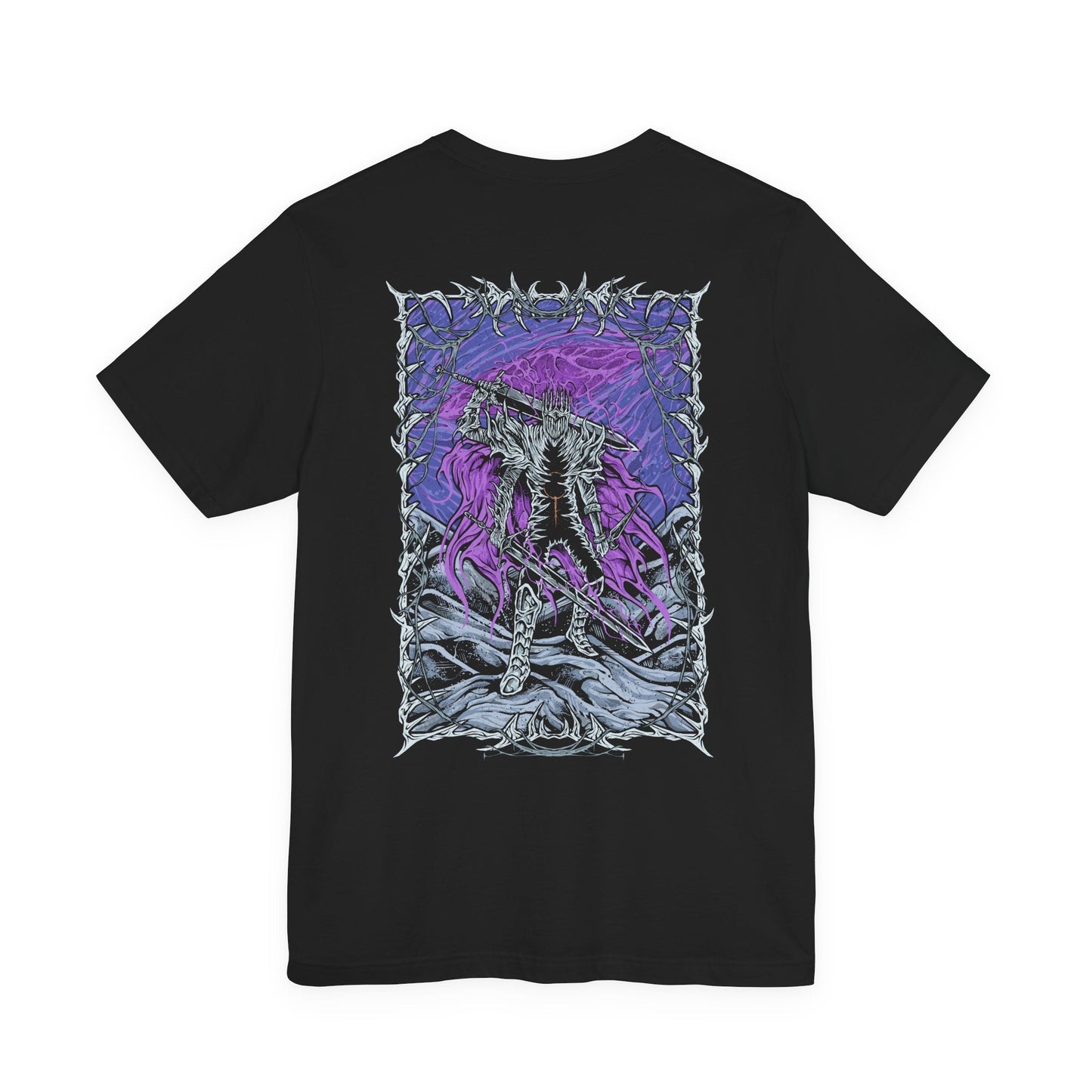Image 4 of a T-shirt showcasing Heolstor the Nightlord, the undead warlord of Elden Ring Nightreign who cheated death to claim dominion over the shattered world. With the power to summon horrors from beyond, he stands as the dark ruler of Limveld, opposed only by the Nightfarers of the Roundtable Hold. This artwork reflects his tragic origin and apocalyptic presence.