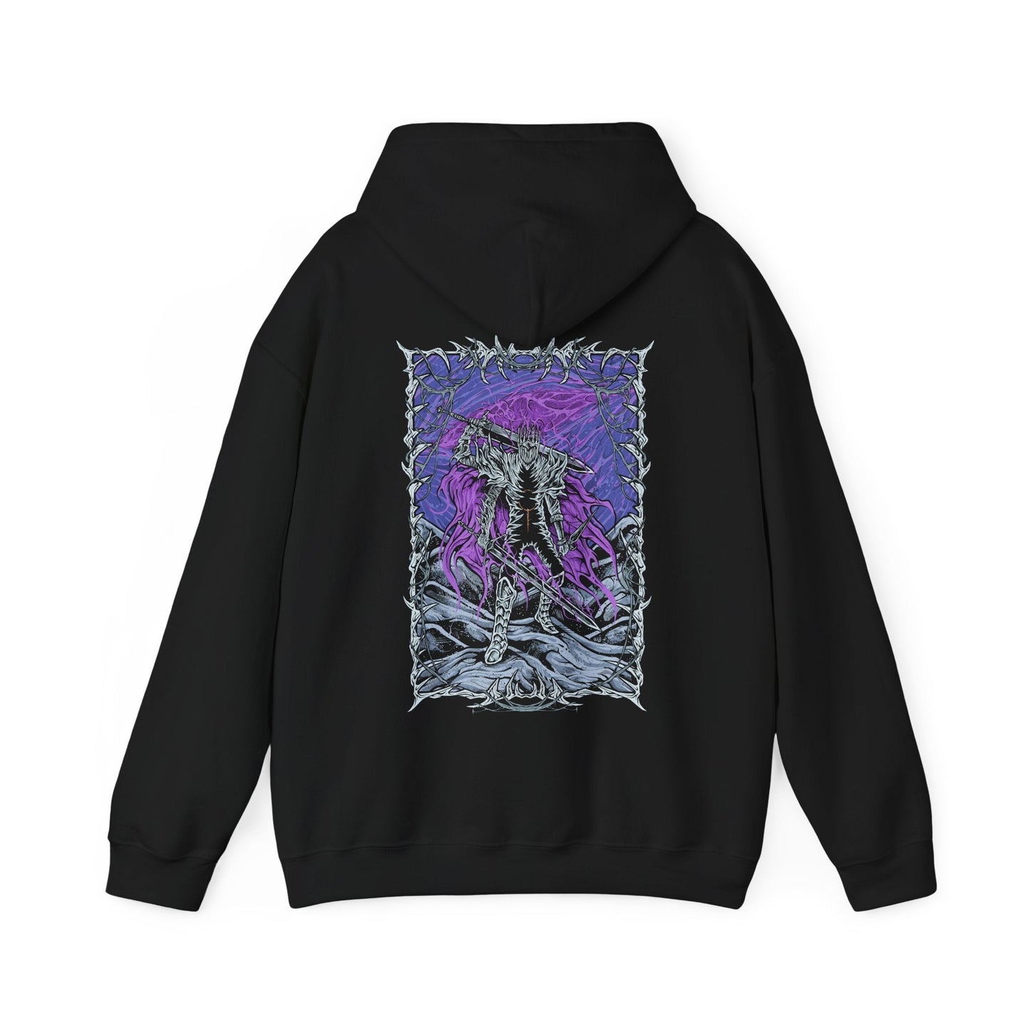 Image 4 of a Elden Ring Nightreign Hooded Sweatshirt featuring Heolstor the Nightlord, the cursed knight who rose alone from a grave of fallen warriors. Now master of the Night’s Tide, he summons abominations and champions from other worlds to spread darkness across the Lands Between. This design embodies the despair, power, and myth of one of the game’s most fearsome lords.
