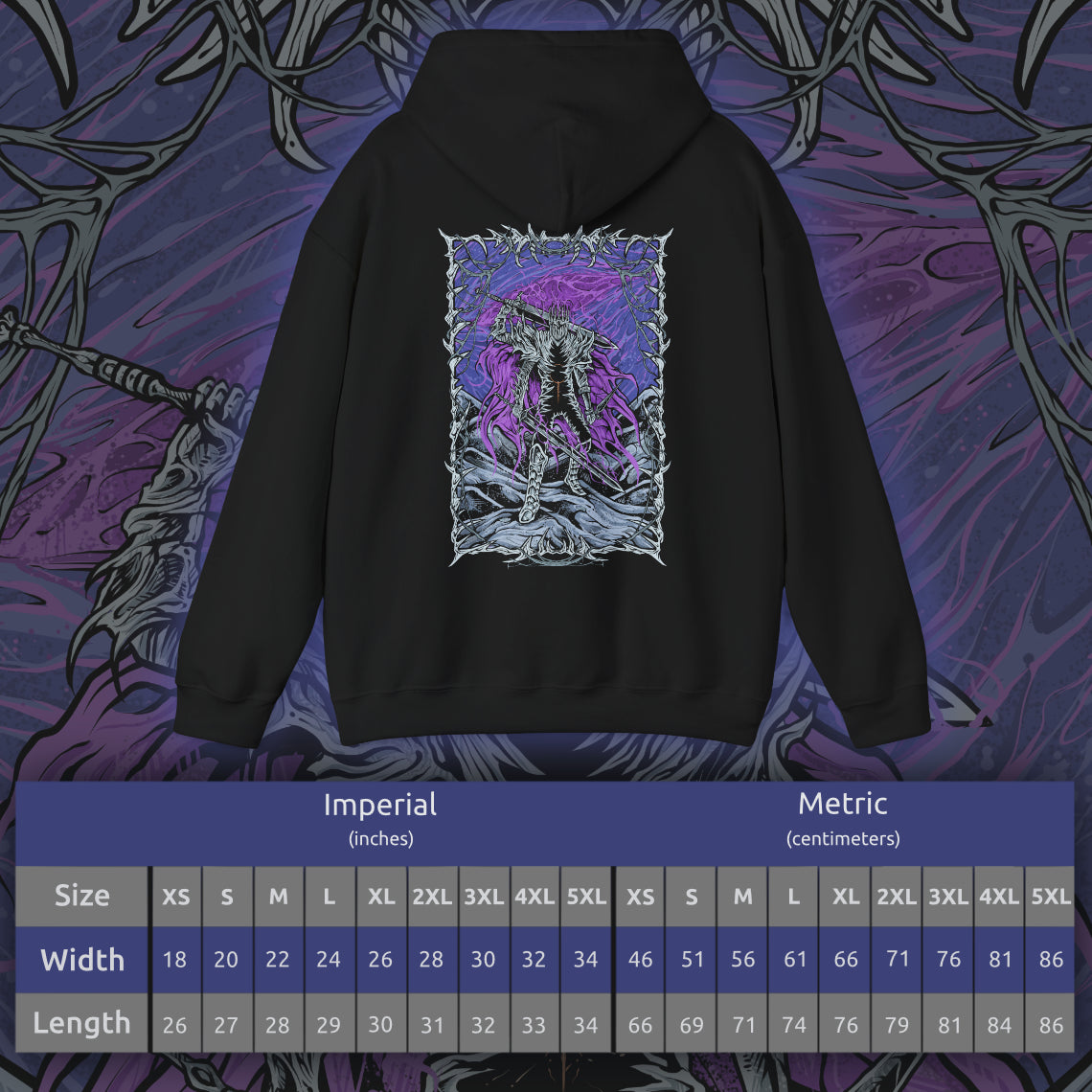 Size chart of a Elden Ring Nightreign Hooded Sweatshirt featuring Heolstor the Nightlord, the cursed knight who rose alone from a grave of fallen warriors. Now master of the Night’s Tide, he summons abominations and champions from other worlds to spread darkness across the Lands Between. This design embodies the despair, power, and myth of one of the game’s most fearsome lords.