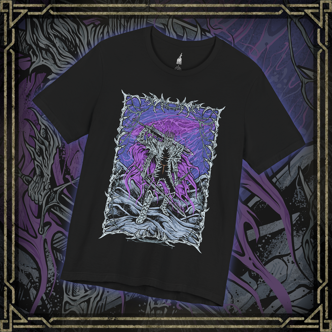 Thumbnail of a T-shirt featuring Heolstor the Nightlord from Elden Ring Nightreign, a once-fallen knight who rose from a mountain of corpses to curse the world. Ruling the Lands Between after the Shattering, Heolstor commands monsters and champions from other realms, embodying the terror of the Night’s Tide. This design captures the grim majesty of his eternal rule.