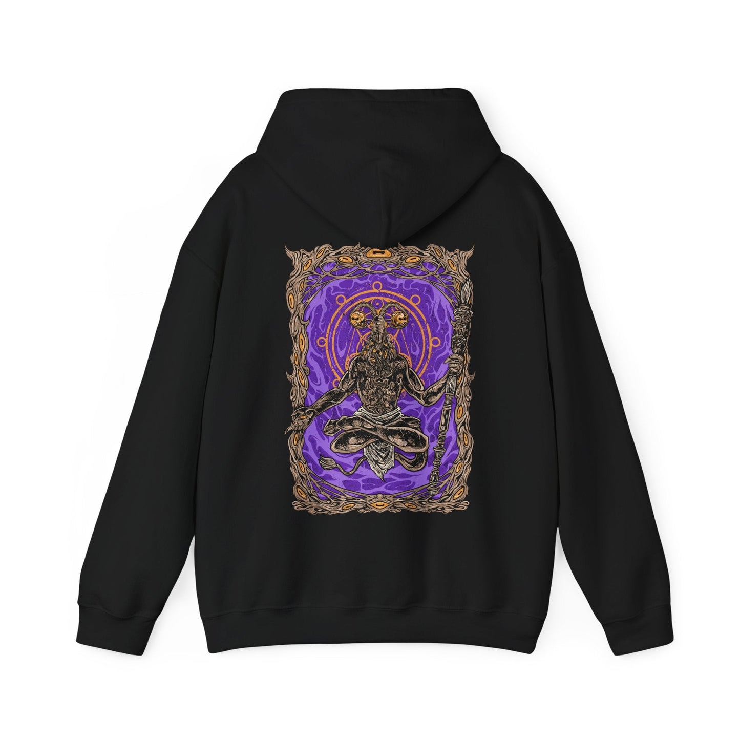 Image 4 of a This Elden Ring Nightreign-inspired Hoodie features Libra, a cunning, goat-headed demon cloaked in the illusion of a wandering merchant. Rendered in haunting detail, the design captures his cursed scales and the alchemical deceit behind his offers—power bought with sanity. A symbol of twisted fairness, Libra peddles false gold and unholy bargains that lure Nightfarers into madness.