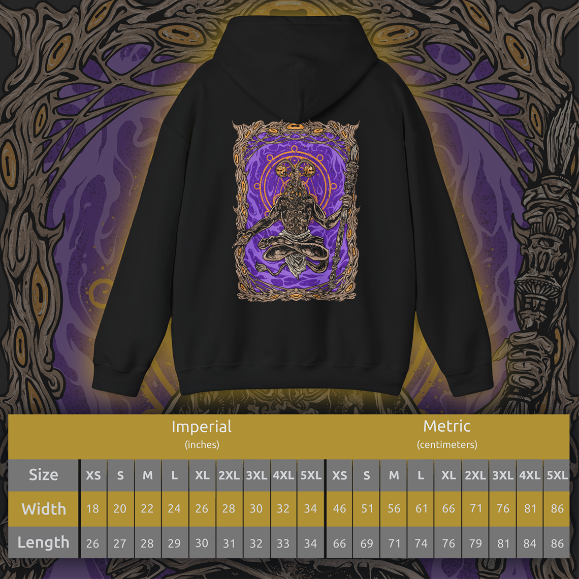 Size chart of a This Elden Ring Nightreign-inspired Hoodie features Libra, a cunning, goat-headed demon cloaked in the illusion of a wandering merchant. Rendered in haunting detail, the design captures his cursed scales and the alchemical deceit behind his offers—power bought with sanity. A symbol of twisted fairness, Libra peddles false gold and unholy bargains that lure Nightfarers into madness.