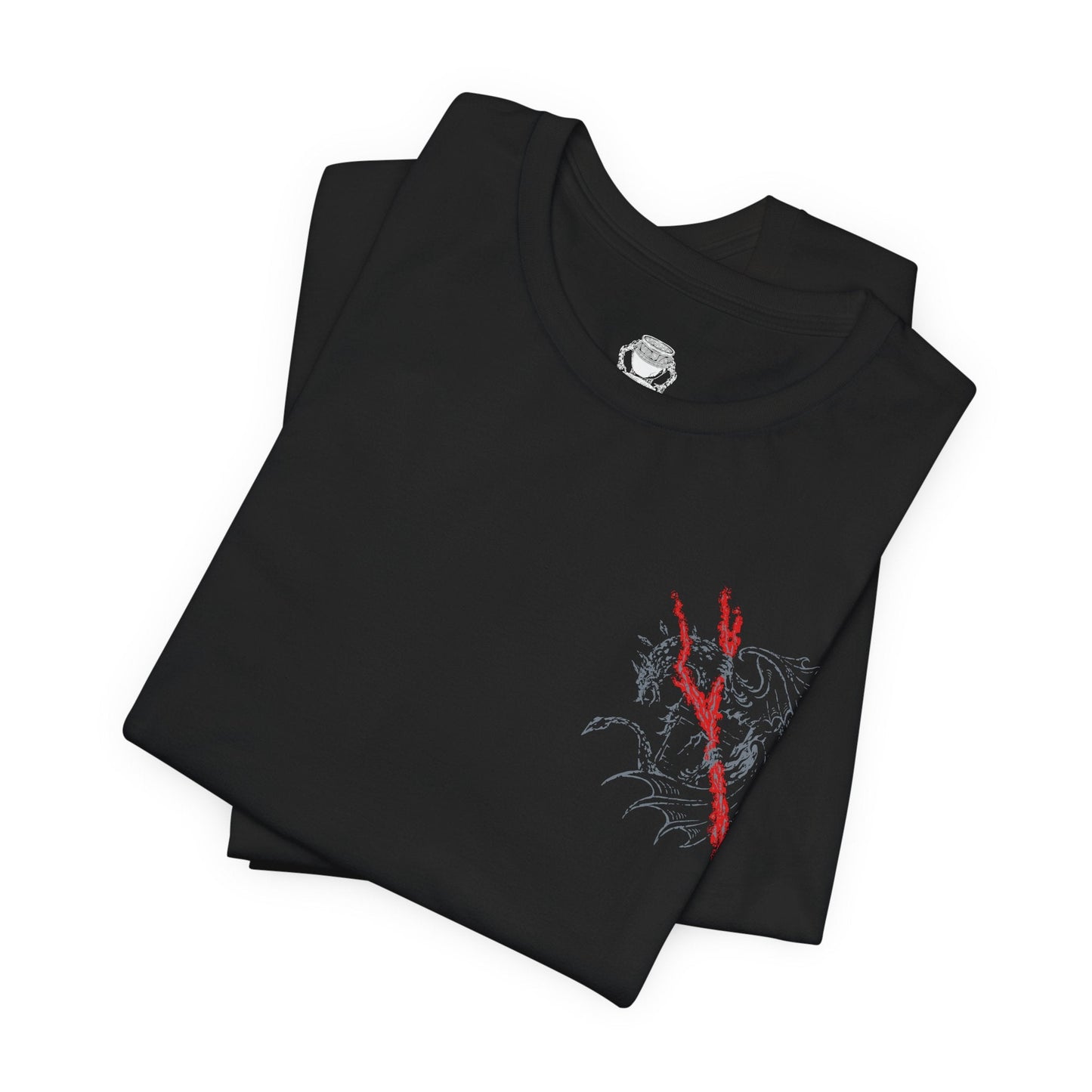 Folded T-shirt featuring Lichdragon Fortissax from Elden Ring, the legendary dragon bound by death and lightning. Once a fierce protector of Godwyn the Golden, Fortissax now rots in undeath, cloaked in red lightning and sorrow. This design captures the mythical scale and decayed majesty of the dragon locked in eternal mourning.