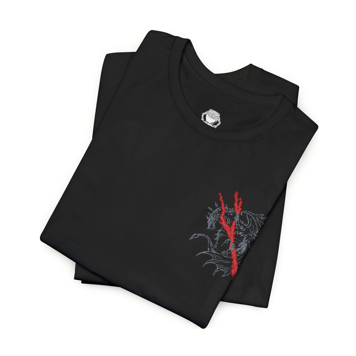 Folded T-shirt featuring Lichdragon Fortissax from Elden Ring, the legendary dragon bound by death and lightning. Once a fierce protector of Godwyn the Golden, Fortissax now rots in undeath, cloaked in red lightning and sorrow. This design captures the mythical scale and decayed majesty of the dragon locked in eternal mourning.