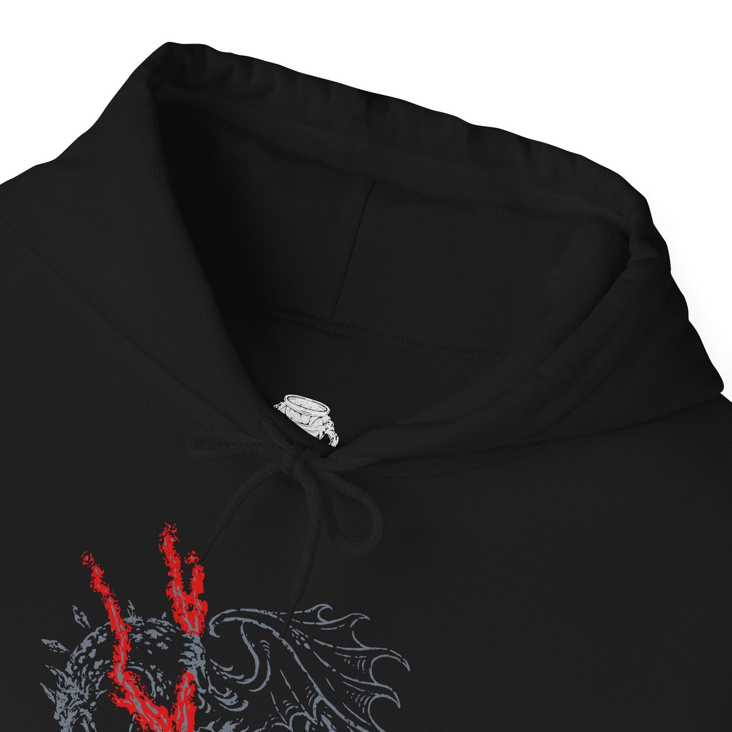 Folded Hooded Sweatshirt featuring Lichdragon Fortissax from Elden Ring, displaying the imposing, deathly dragon enveloped in red lightning, ideal for fans captivated by this legendary boss and the dark lore of the Lands Between.