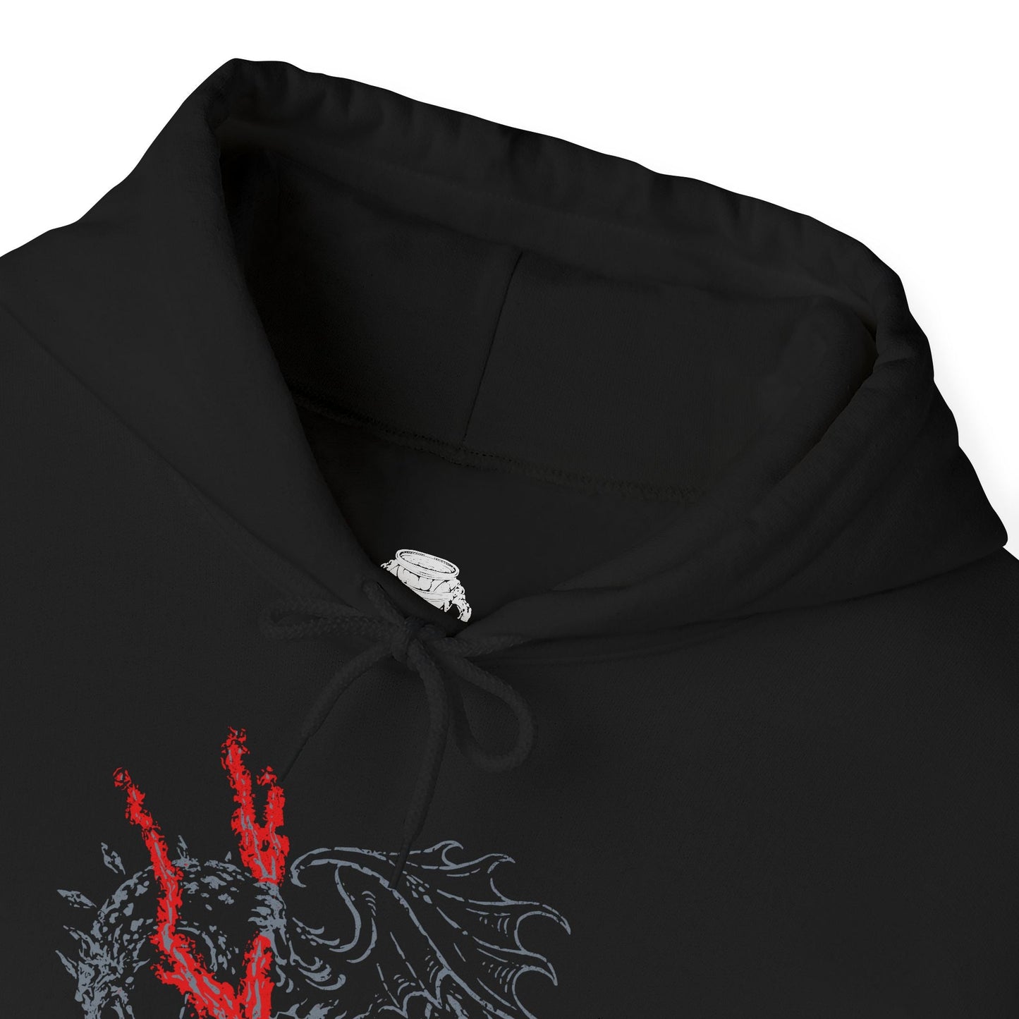 Folded Hooded Sweatshirt featuring Lichdragon Fortissax from Elden Ring, displaying the imposing, deathly dragon enveloped in red lightning, ideal for fans captivated by this legendary boss and the dark lore of the Lands Between.