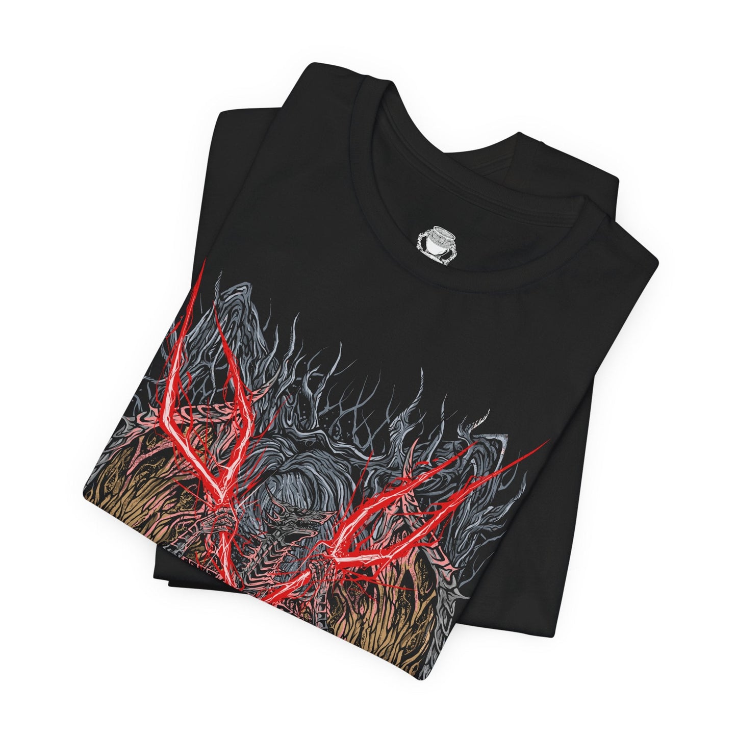 Folded T-shirt featuring Lichdragon Fortissax from Elden Ring, the ancient dragon bound to death and decay through his loyalty to Prince Fia. Wreathed in crimson lightning and skeletal wings, Fortissax is both majestic and cursed, symbolizing the tragic corruption of immortality. This design captures the fierce elegance of the dragon’s decayed form, locked in eternal slumber within Deeproot Depths.