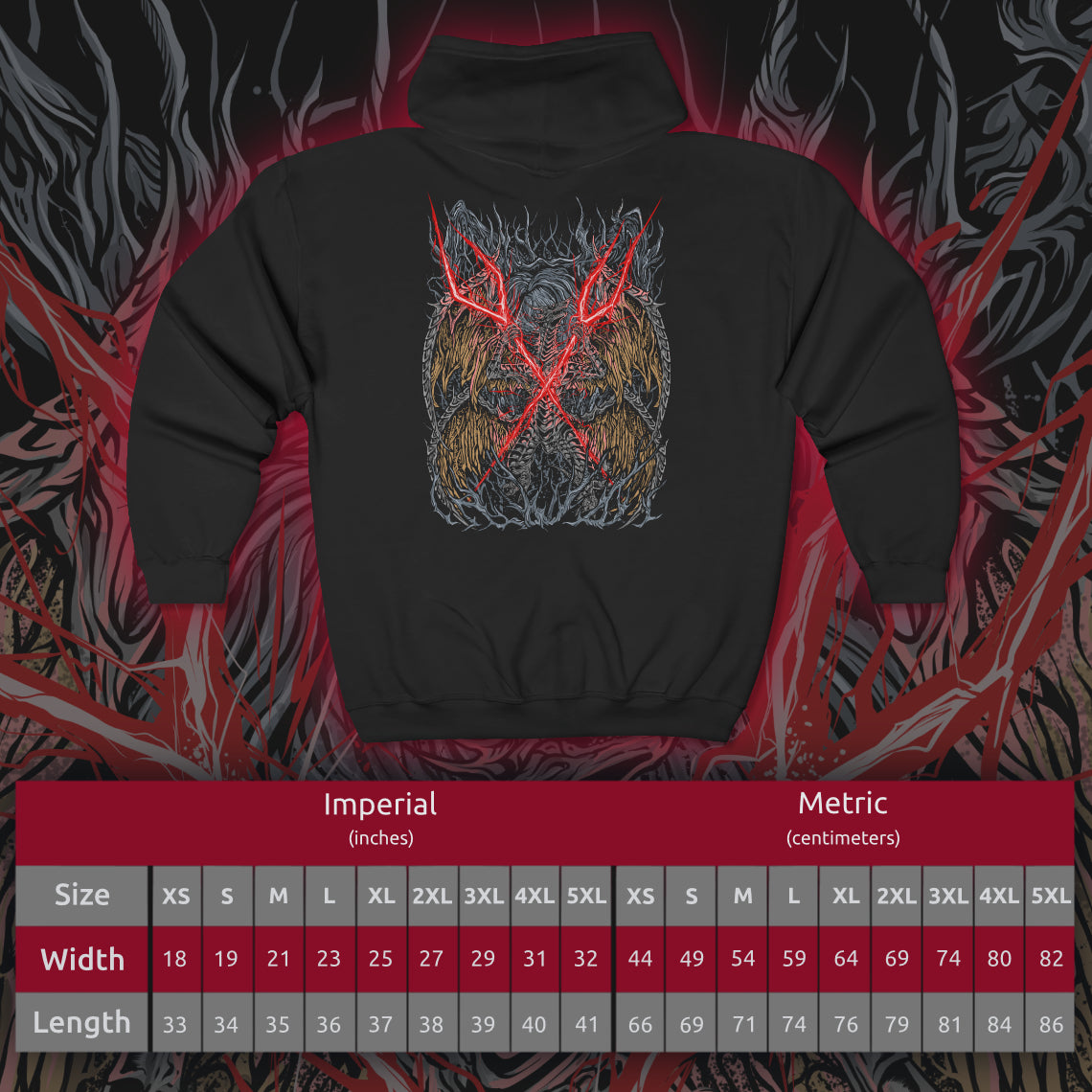 Size chart of a Zip-up Hooded Sweatshirt featuring Lichdragon Fortissax from Elden Ring, the majestic twin-headed dragon once allied with Godwyn the Golden. Wreathed in crimson lightning and deathly flame, Fortissax embodies both nobility and decay. This design captures the ancient draconic power of a being corrupted by death, yet still clinging to the remnants of divine loyalty and honor.