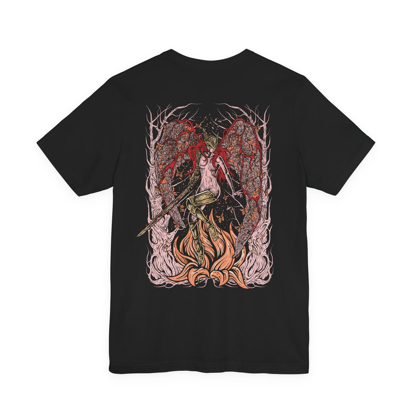 Image 4 of a Elden Ring T-shirt showcasing Malenia, Blade of Miquella, the most iconic boss of the game. A fierce goddess of war and twin of Miquella, she is revered for her flawless swordsmanship and feared for spreading Scarlet Rot. This artwork portrays her haunting elegance, symbolizing tragedy, devotion, and unstoppable power.