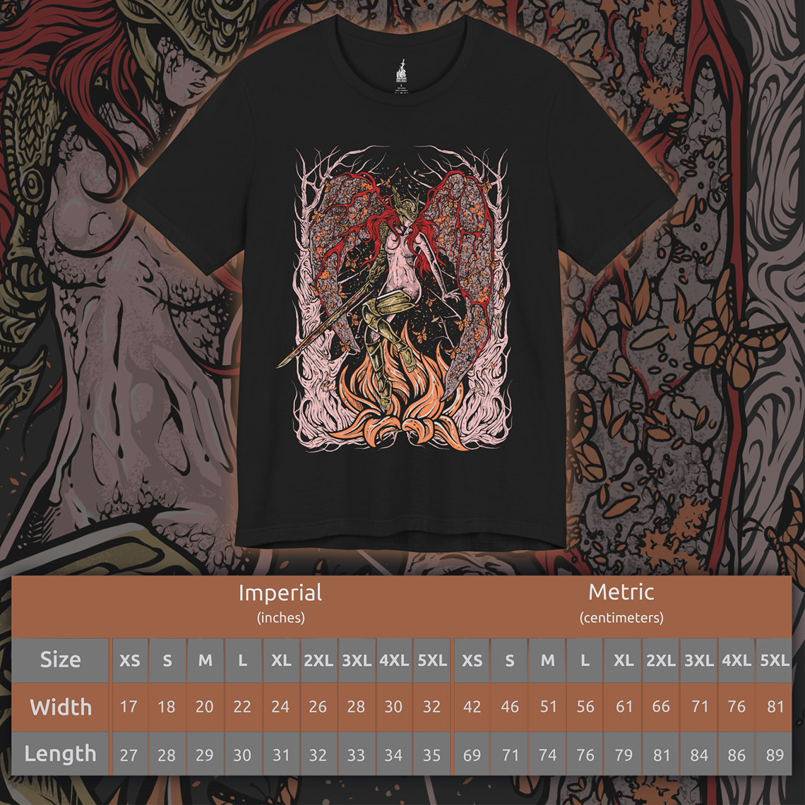 Size chart of a Elden Ring T-shirt showcasing Malenia, Blade of Miquella, the most iconic boss of the game. A fierce goddess of war and twin of Miquella, she is revered for her flawless swordsmanship and feared for spreading Scarlet Rot. This artwork portrays her haunting elegance, symbolizing tragedy, devotion, and unstoppable power.