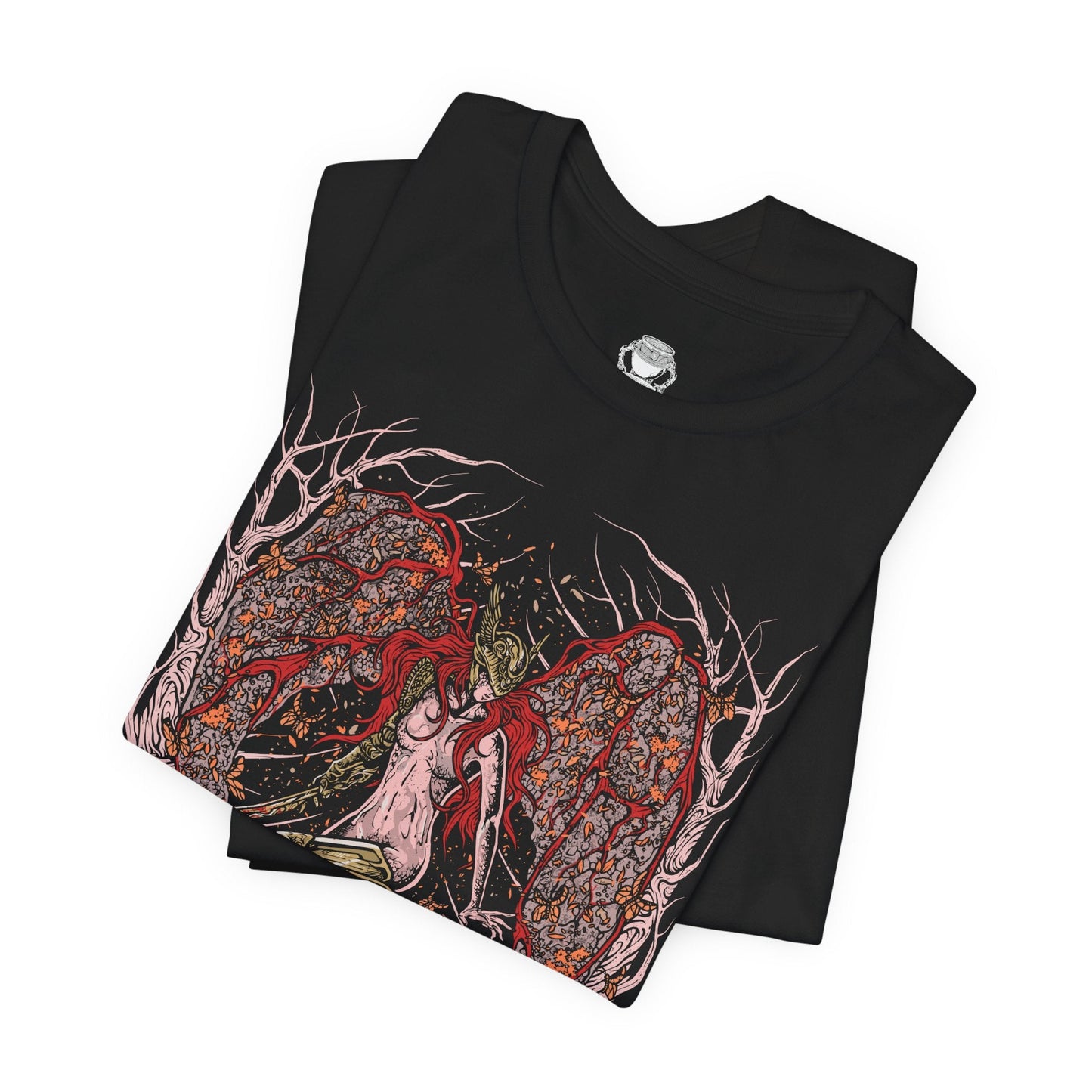 Folded T-shirt featuring Malenia, Blade of Miquella from Elden Ring, the undefeated demigod warrior whose grace and blade strike fear across the Lands Between. Known for her legendary duel against General Radahn and her cursed Scarlet Rot, Malenia embodies both beauty and decay. This design captures her poised strength as she fights in devotion to her brother Miquella.