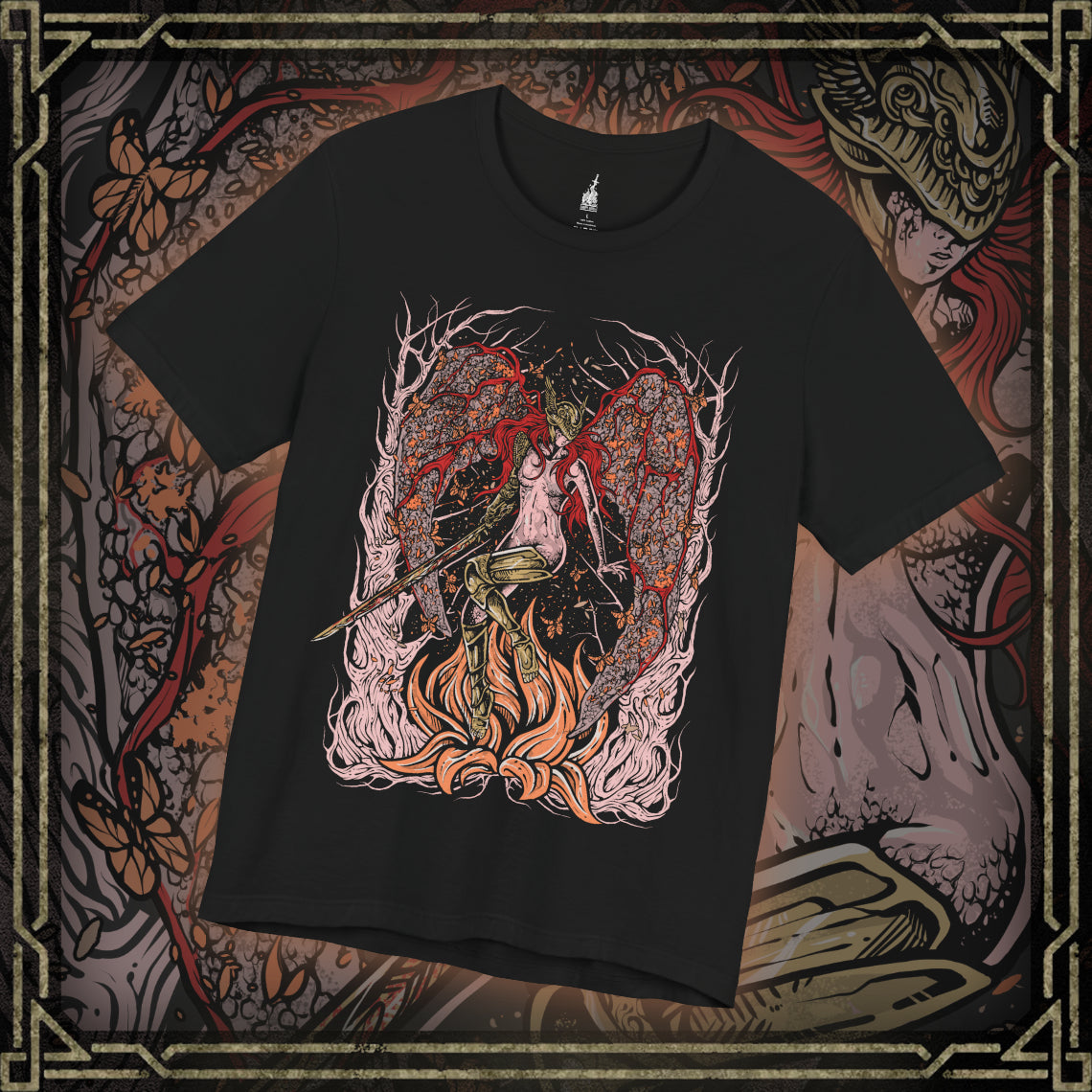 Thumbnail of a T-shirt featuring Malenia, Blade of Miquella from Elden Ring, the undefeated demigod warrior whose grace and blade strike fear across the Lands Between. Known for her legendary duel against General Radahn and her cursed Scarlet Rot, Malenia embodies both beauty and decay. This design captures her poised strength as she fights in devotion to her brother Miquella.