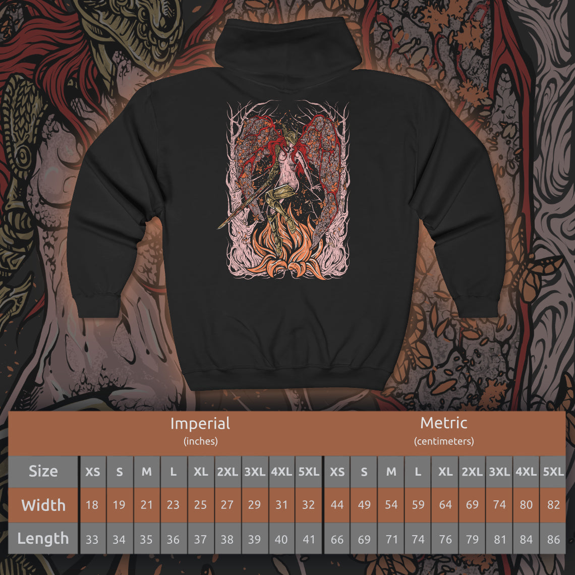 Size chart of a Zip-up Hooded Sweatshirt featuring Malenia, Blade of Miquella from Elden Ring, the undefeated demigod and twin of Miquella. Known for her graceful yet deadly swordsmanship, she stands as one of the most iconic figures in the Lands Between. Cursed by Scarlet Rot yet unbroken in spirit, Malenia embodies both divine beauty and unstoppable will. This design captures her tragic power and her vow to protect Miquella at all costs.