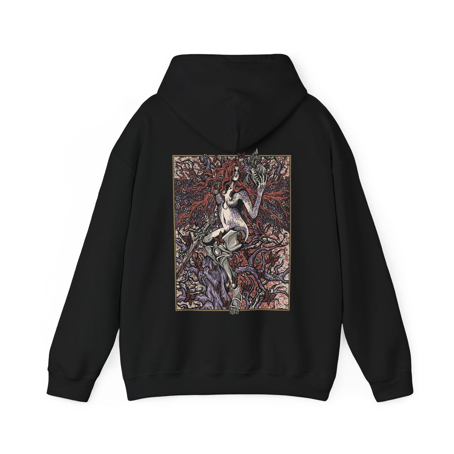 Image 4 of a Hooded Sweatshirt featuring Malenia, Goddess of Rot from Elden Ring, the undefeated blade who succumbed to the Scarlet Rot yet retained her grace in battle. Clad in crimson armor and wielding her iconic prosthetic arm and katana, Malenia stands as a tragic symbol of beauty, decay, and unrelenting will. This design captures her poised stance and divine fury at the heart of the Haligtree.