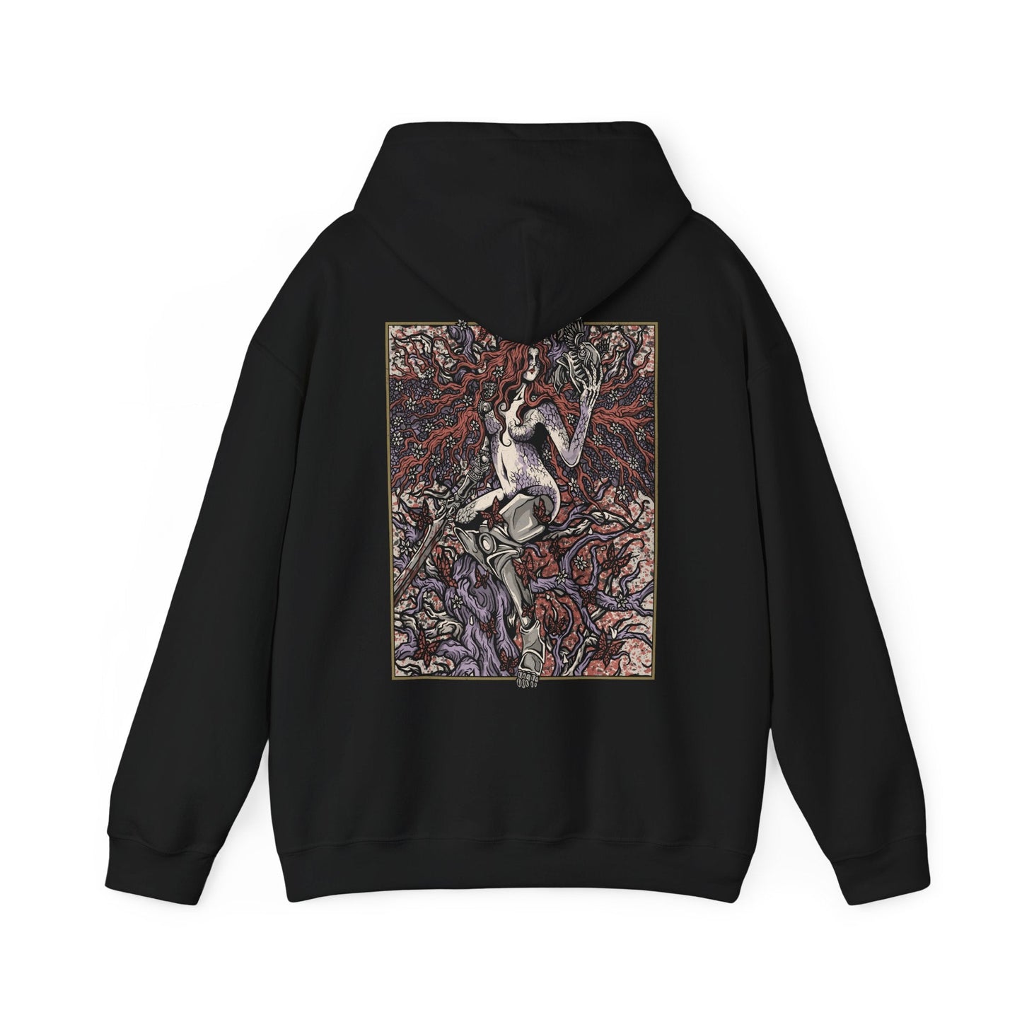 Image 5 of a Hooded Sweatshirt featuring Malenia, Goddess of Rot from Elden Ring, the undefeated blade who succumbed to the Scarlet Rot yet retained her grace in battle. Clad in crimson armor and wielding her iconic prosthetic arm and katana, Malenia stands as a tragic symbol of beauty, decay, and unrelenting will. This design captures her poised stance and divine fury at the heart of the Haligtree.