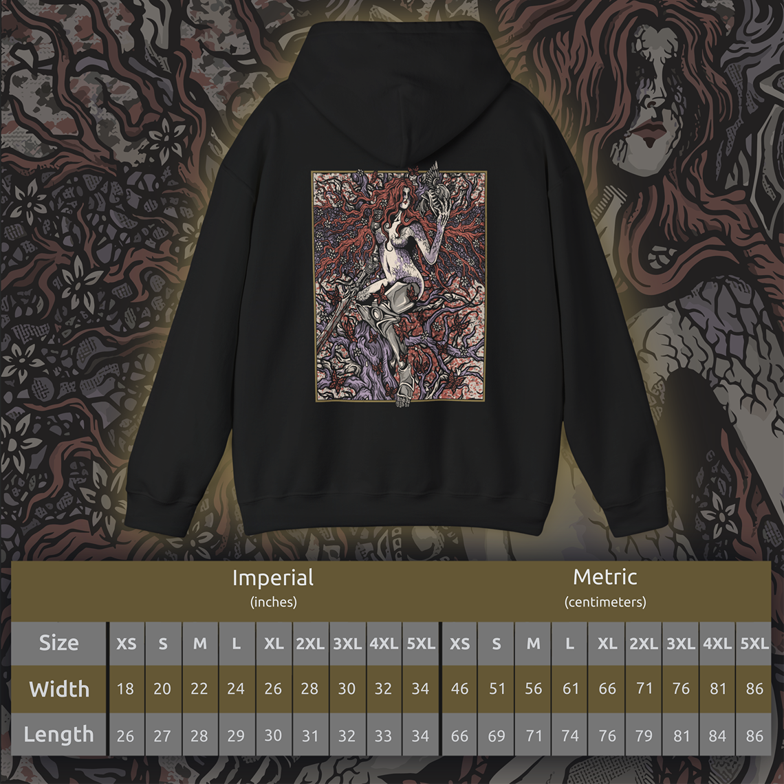 Size chart of a Hooded Sweatshirt featuring Malenia, Goddess of Rot from Elden Ring, the undefeated blade who succumbed to the Scarlet Rot yet retained her grace in battle. Clad in crimson armor and wielding her iconic prosthetic arm and katana, Malenia stands as a tragic symbol of beauty, decay, and unrelenting will. This design captures her poised stance and divine fury at the heart of the Haligtree.