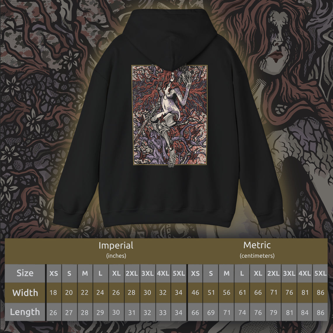 Size chart of a Hooded Sweatshirt featuring Malenia, Goddess of Rot from Elden Ring, the undefeated blade who succumbed to the Scarlet Rot yet retained her grace in battle. Clad in crimson armor and wielding her iconic prosthetic arm and katana, Malenia stands as a tragic symbol of beauty, decay, and unrelenting will. This design captures her poised stance and divine fury at the heart of the Haligtree.