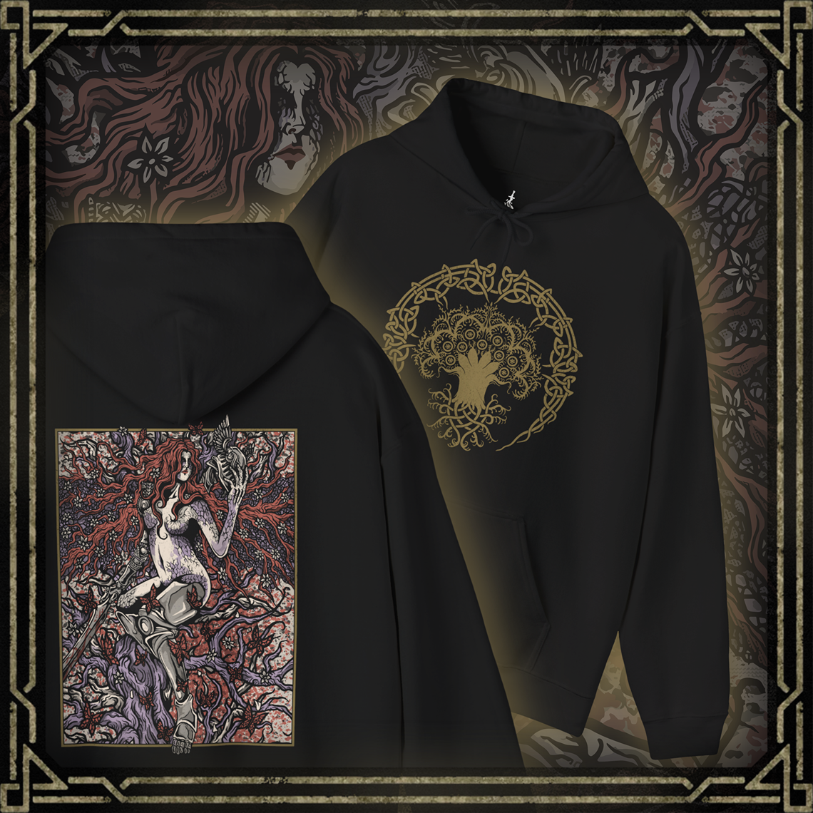 Thumbnail of a Hooded Sweatshirt featuring Malenia, Goddess of Rot from Elden Ring, the undefeated blade who succumbed to the Scarlet Rot yet retained her grace in battle. Clad in crimson armor and wielding her iconic prosthetic arm and katana, Malenia stands as a tragic symbol of beauty, decay, and unrelenting will. This design captures her poised stance and divine fury at the heart of the Haligtree.