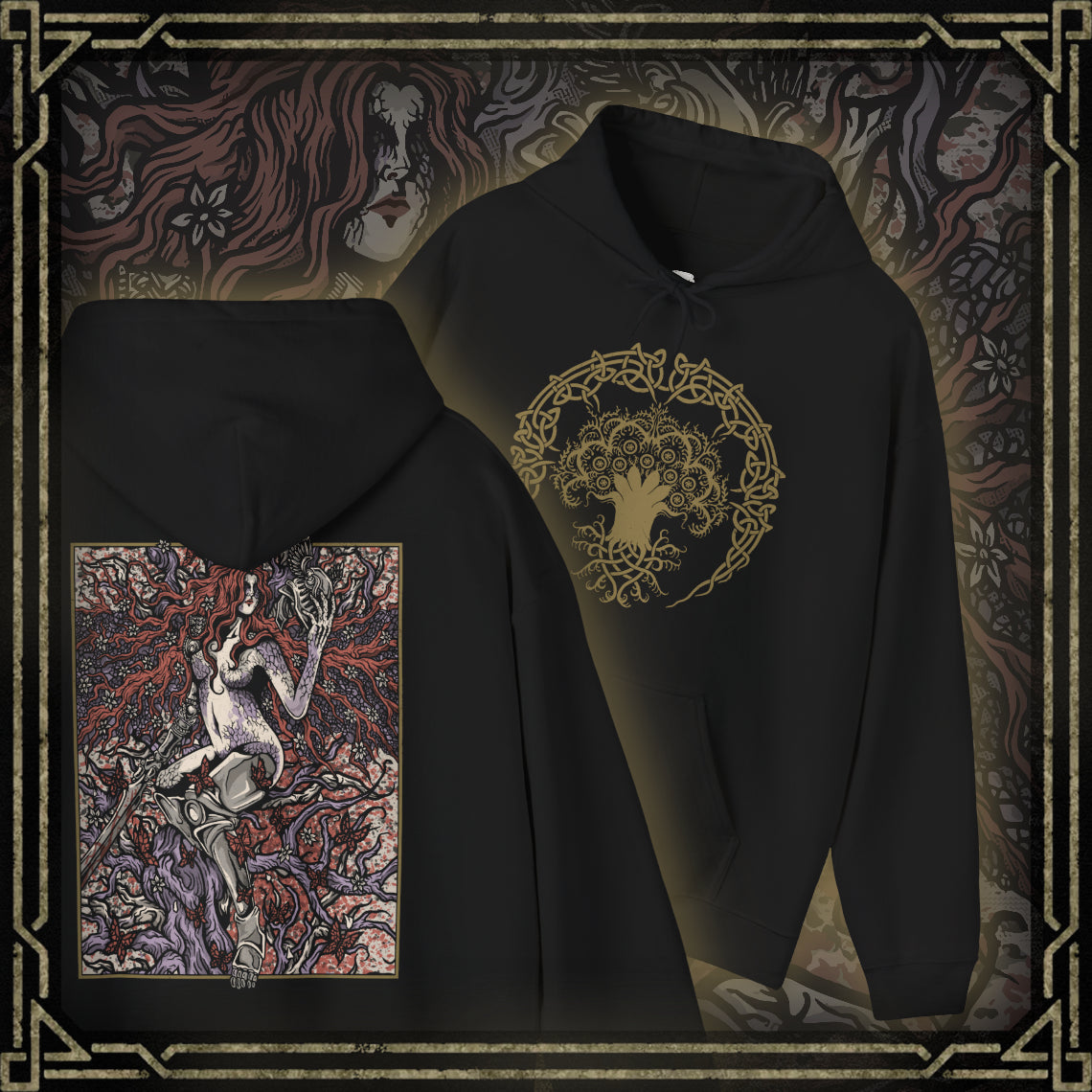 Thumbnail of a Hooded Sweatshirt featuring Malenia, Goddess of Rot from Elden Ring, the undefeated blade who succumbed to the Scarlet Rot yet retained her grace in battle. Clad in crimson armor and wielding her iconic prosthetic arm and katana, Malenia stands as a tragic symbol of beauty, decay, and unrelenting will. This design captures her poised stance and divine fury at the heart of the Haligtree.